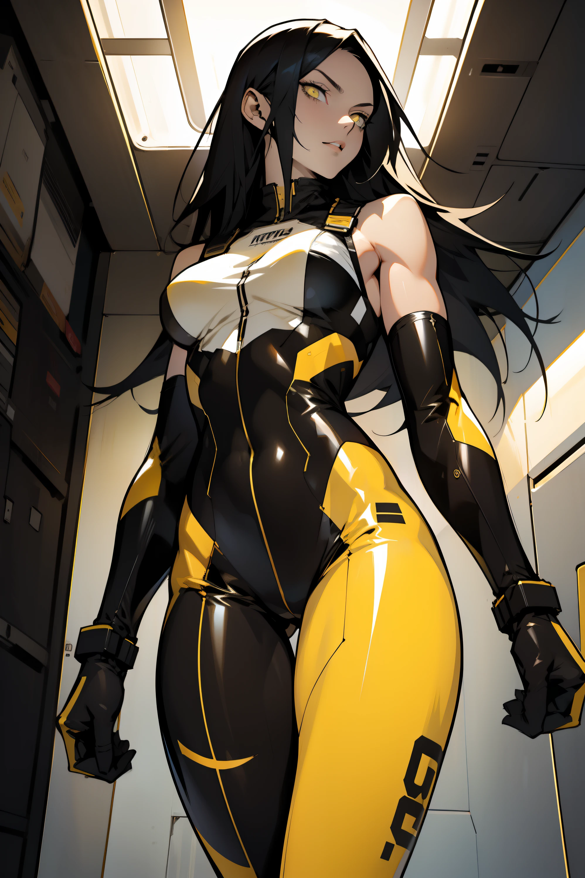 1 girl, black hair, yellow eyes, very long hair, pale skin, fit body, slender body, slim waist, large breasts, (confident expression), pilot suit, thigh gap, bare thighs,