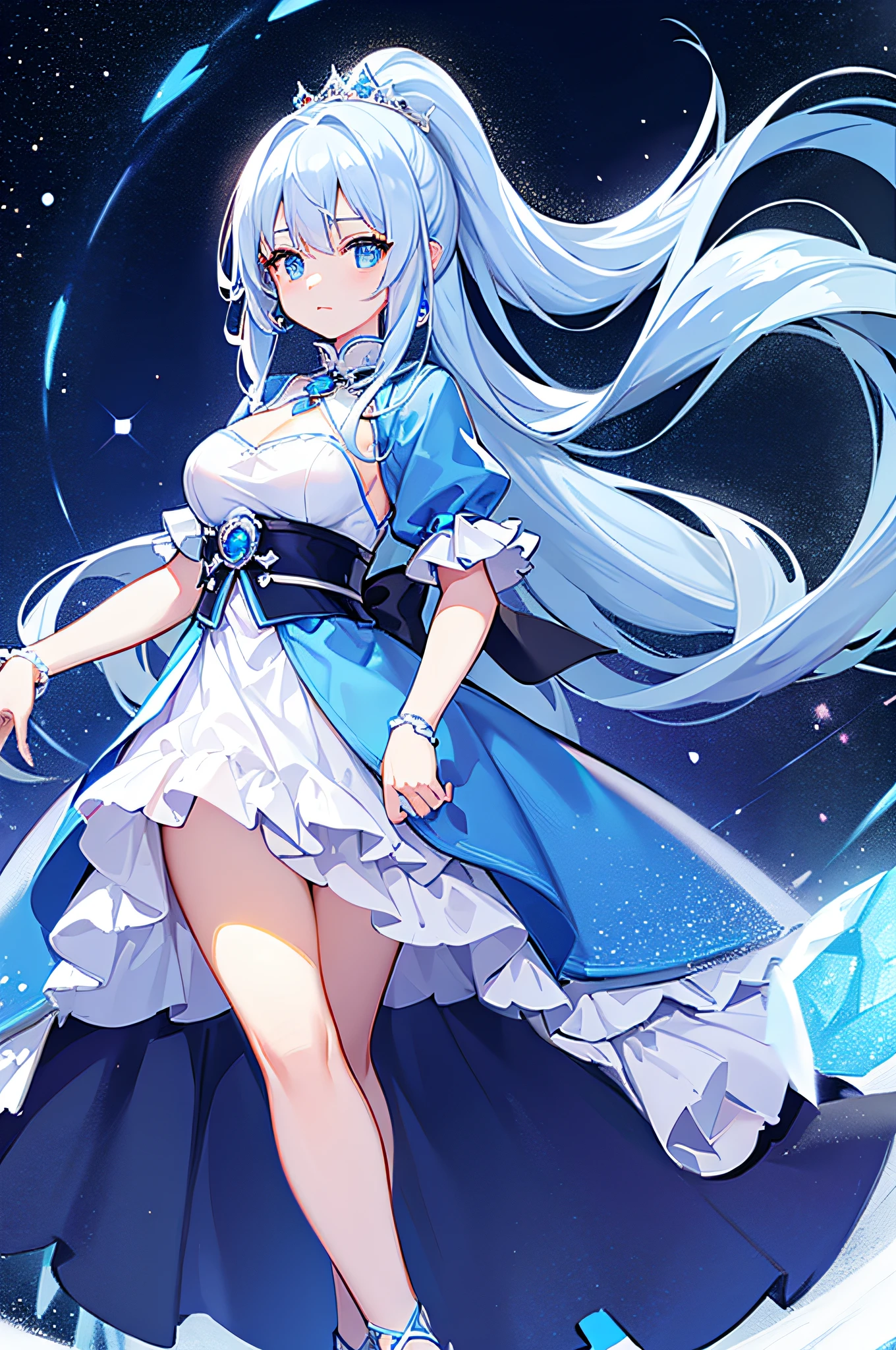 4k,hight resolution,One Woman,White-blue hair,Long ponytail,Bright blue eyes,hime,Princess dress made of ice,Princess Tiara,jewel decorations,Castle made of ice,nigh sky,Background of the Oora Borealis