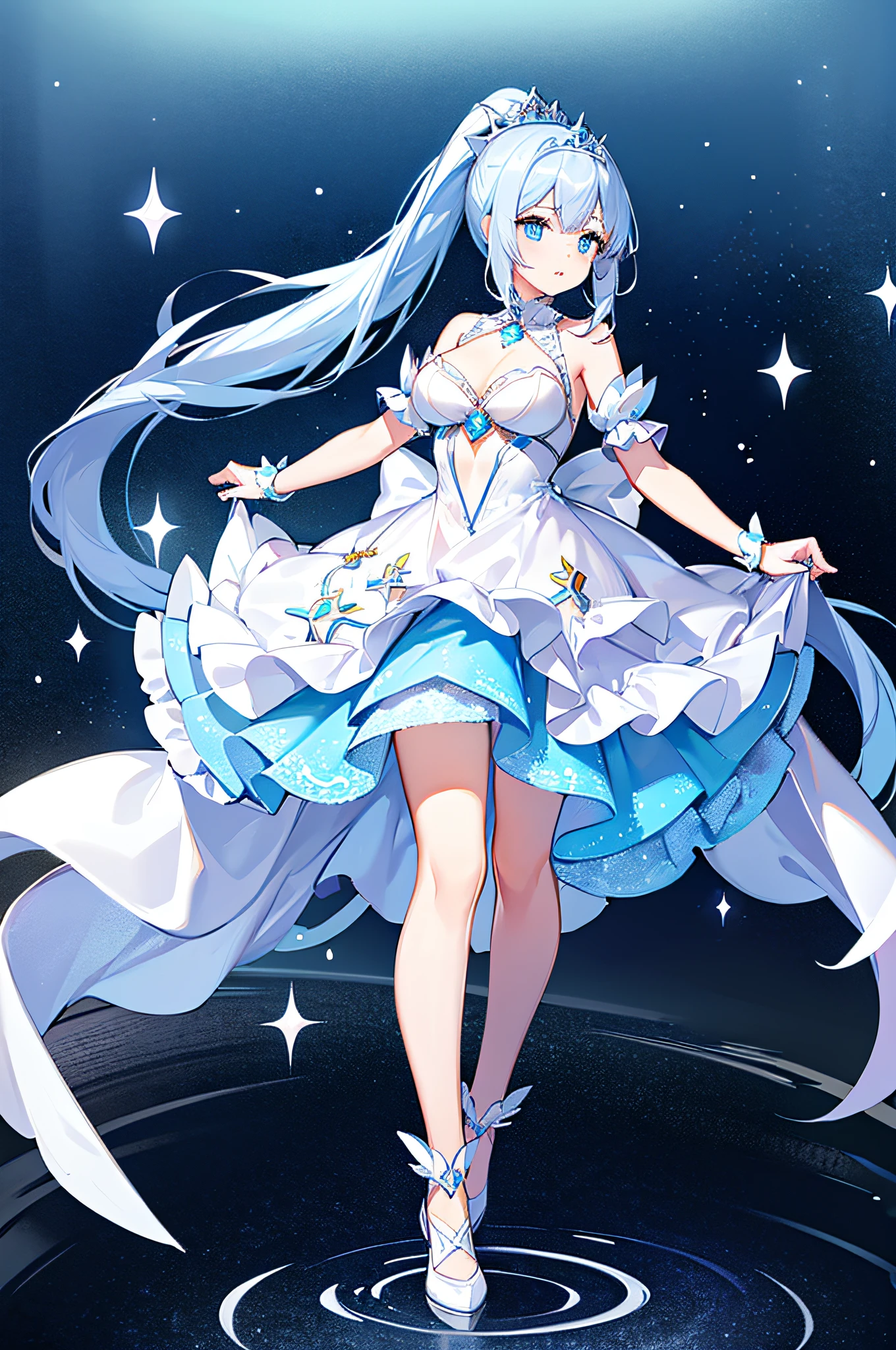 4k,hight resolution,One Woman,White-blue hair,Long ponytail,Bright blue eyes,hime,Princess dress made of ice,Princess Tiara,jewel decorations,Castle made of ice,nigh sky,Background of the Oora Borealis