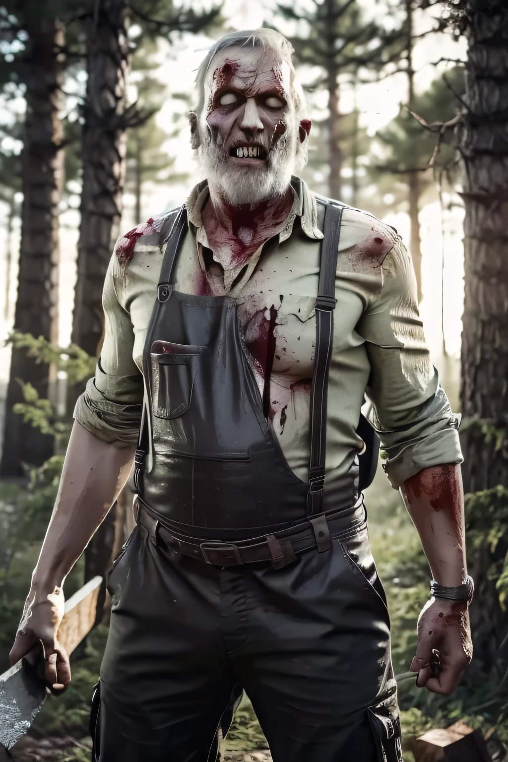 zumbi com rosto assustador, Profession Blonde Lumberjack, ((With wood-chopping axe in his hands)), (Suspenders attached to the zombie's pants), ensanguentado