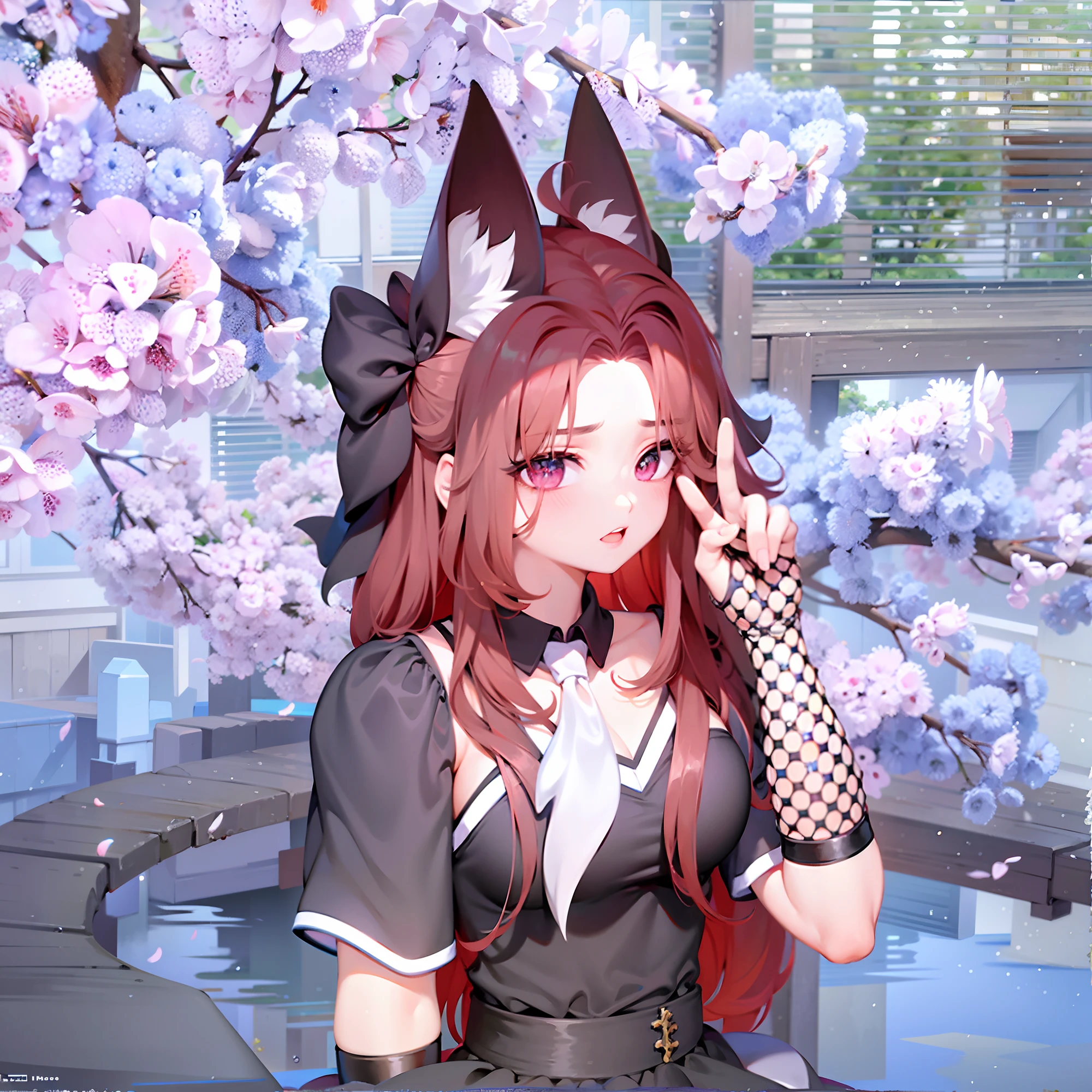 melhor qualidade, Ultra high resolution, 1girl, camisa preta com mangas, saia preta, gargantilha preta, fofa, (kpop idol), (aegyo sal:1), (cabelo marrom grande:1), ((olhos inchados cor rosa)), olhando no observador, corpo inteiro, de frente