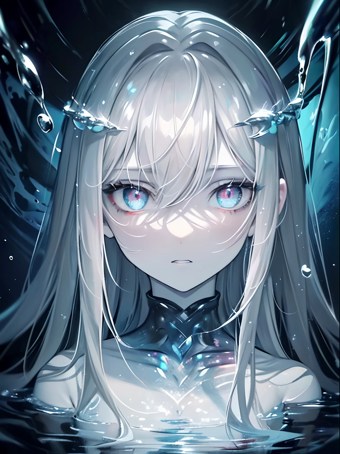(Masterpiece, Best quality, ultra high resolution),1girl, white hair, beautiful and detailed face, detailed eyes,open mouth, sharp teeth,fangs,cum in mouth,cum on face,((gray and blue theme)),(((very close-up)))