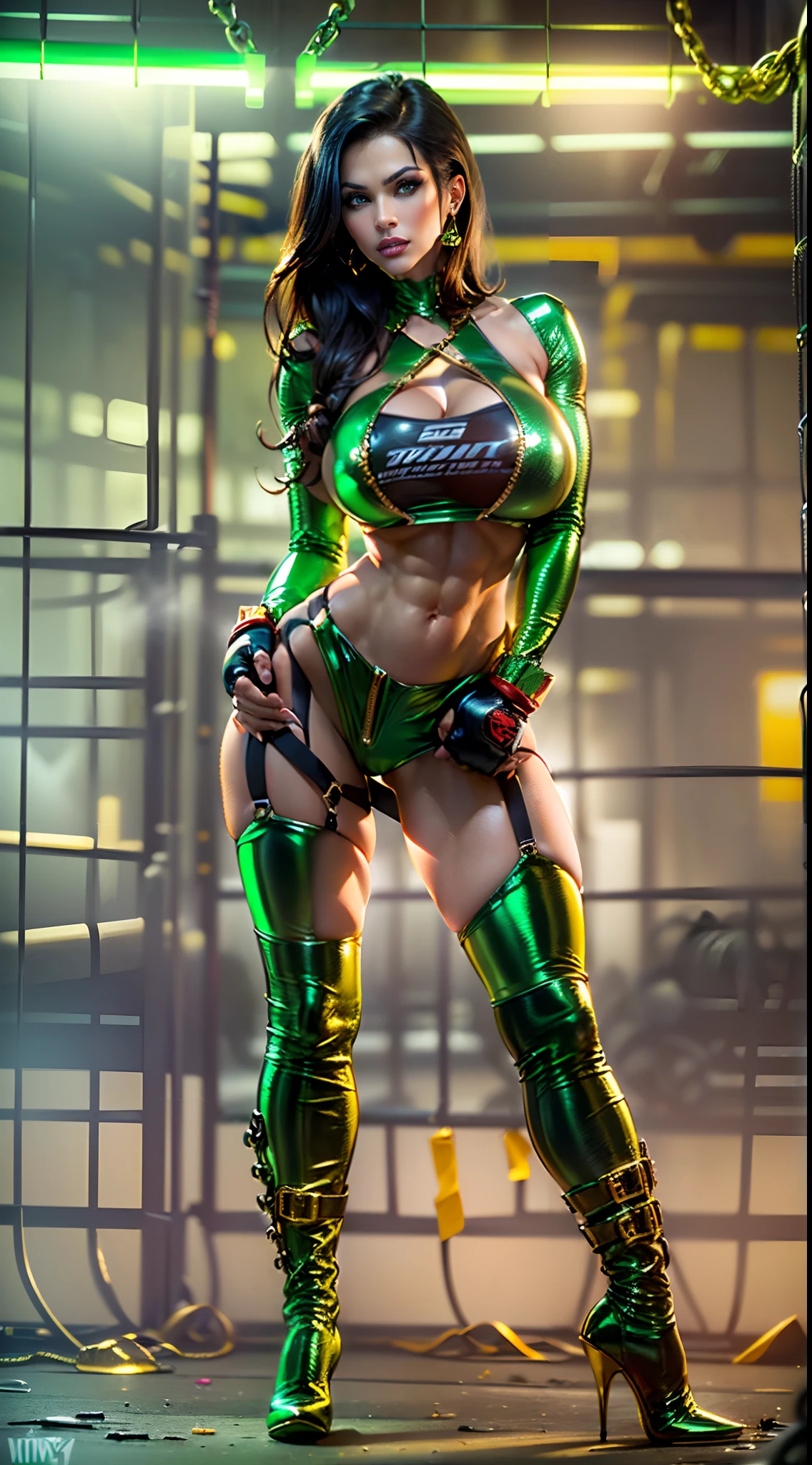 (best quality, highres:1.2), (ultra-detailed), (realistic:1.37), (HDR,UHD), (Perfect Facial Features)), (photo portrait, hyper realistic), ((Busty muscular elegant DeniseMilani as an elegant cage fighter)), (Orchid, OrAtt), ((wearing a green leather micro-bikini with a gold trim, skimpy green leather micro-bikini with golden straps, tiny micro-triangle bikini with golden g-string thong), (green leather thighhigh boots, stiletto heel thigh boots with golden zipper, stylish green leather thighhigh boots with a golden zip), (boxing gloves), (stylish jet-black hair), (glowing green eyes), (huge firm silicone breasts), ((torpedo tits)), (perfectly round breasts), (muscular physique), (strong legs), ((intimidating fight pose in a steel fighting cage in an abandoned factory), (vivid colors), (dark tones), (intense lighting), (metallic textures)