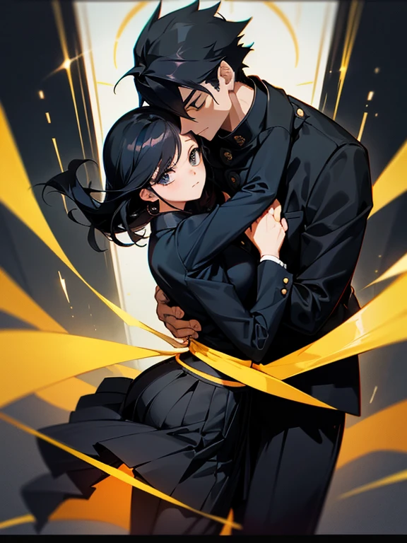 (1 Girl), (1 Boy), black hair, man hugging woman, (man in black Gakuran and black slacks), (woman in black saree and black pleated skirt), cool guy, cute girl, hugging from behind, cinematic effect, romantic, accurate posing, accurate human structure, high quality, high resolution, masterpiece.