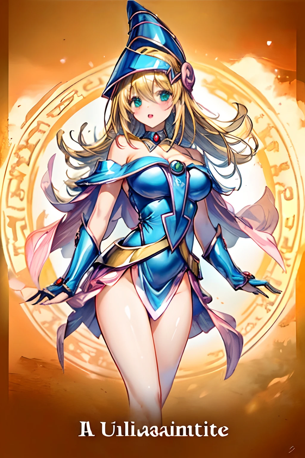 Black Magician Girl、super breasts、thick thighs、blonde hair、magic circle、magic wand、Leotards that dig into the buttocks、8K, 4k, highest quality, High resolution: 1.2),wink、One breast exposed