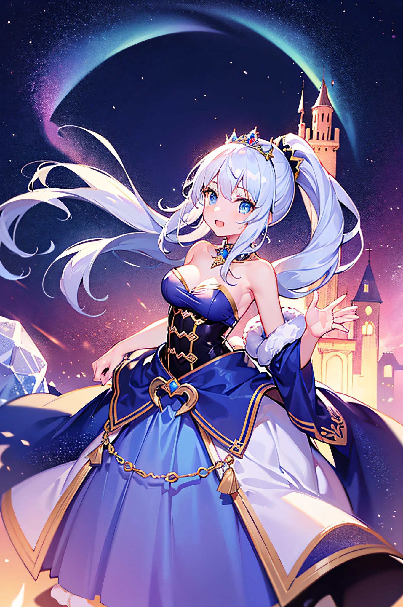 4k,hight resolution,One Woman,White-blue hair,Long ponytail,Bright blue eyes,hime,Princess dress made of ice,Princess Tiara,jewel decorations,Castle made of ice,nigh sky,Background of the Oora Borealis