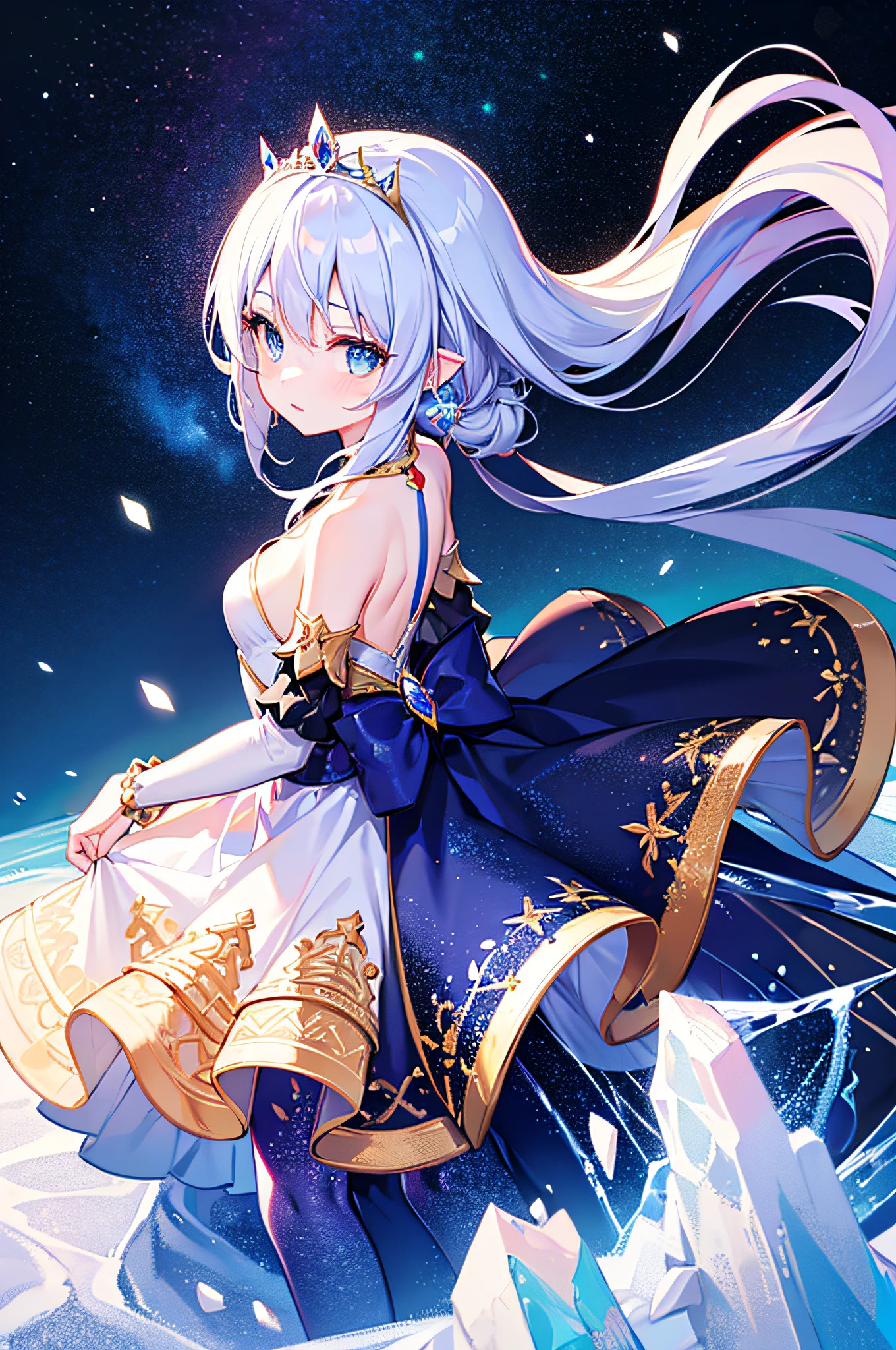 4k,hight resolution,One Woman,White-blue hair,Long ponytail,Bright blue eyes,hime,Princess dress made of ice,Princess Tiara,jewel decorations,Castle made of ice,nigh sky,Background of the Oora Borealis