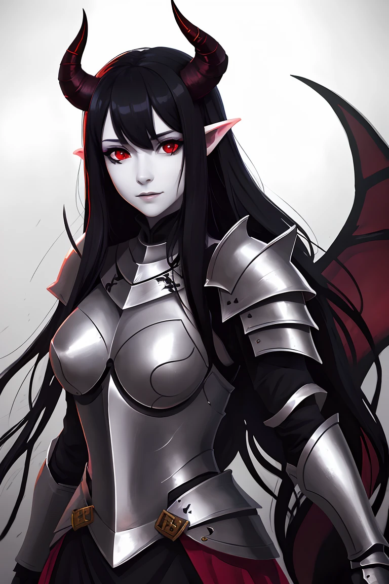 Tiefling, Long Black Hair,  pure white skin, red eyes, Female, black horns, demon tail, paladin, armor, best quality, high quality,