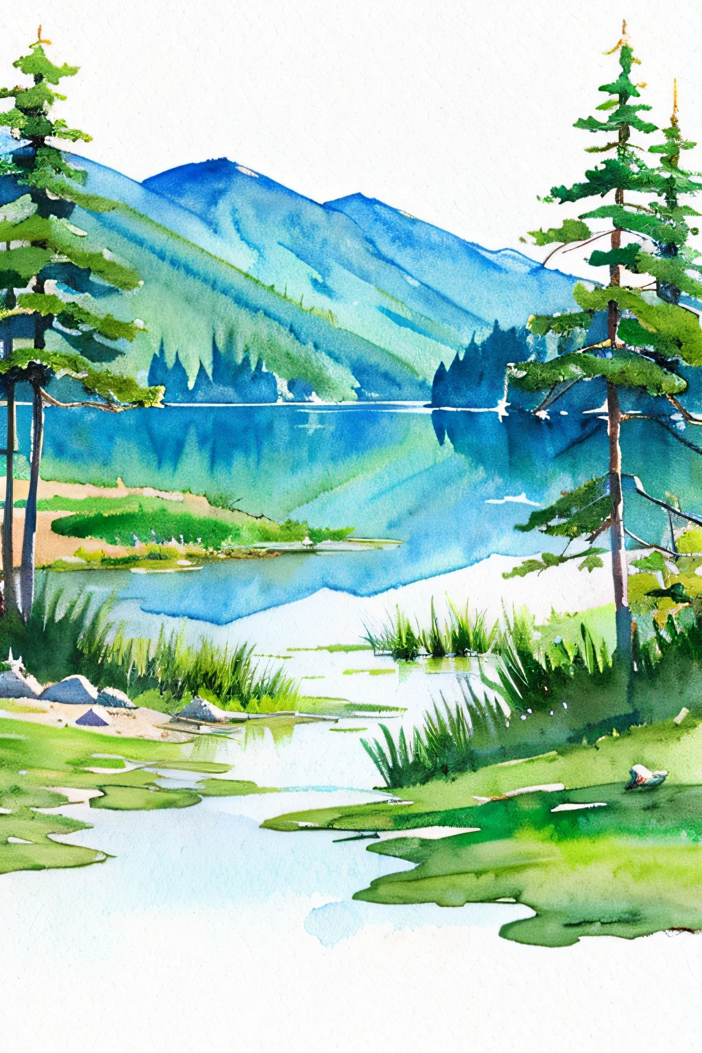 watercolor paiting、Lakes and forests