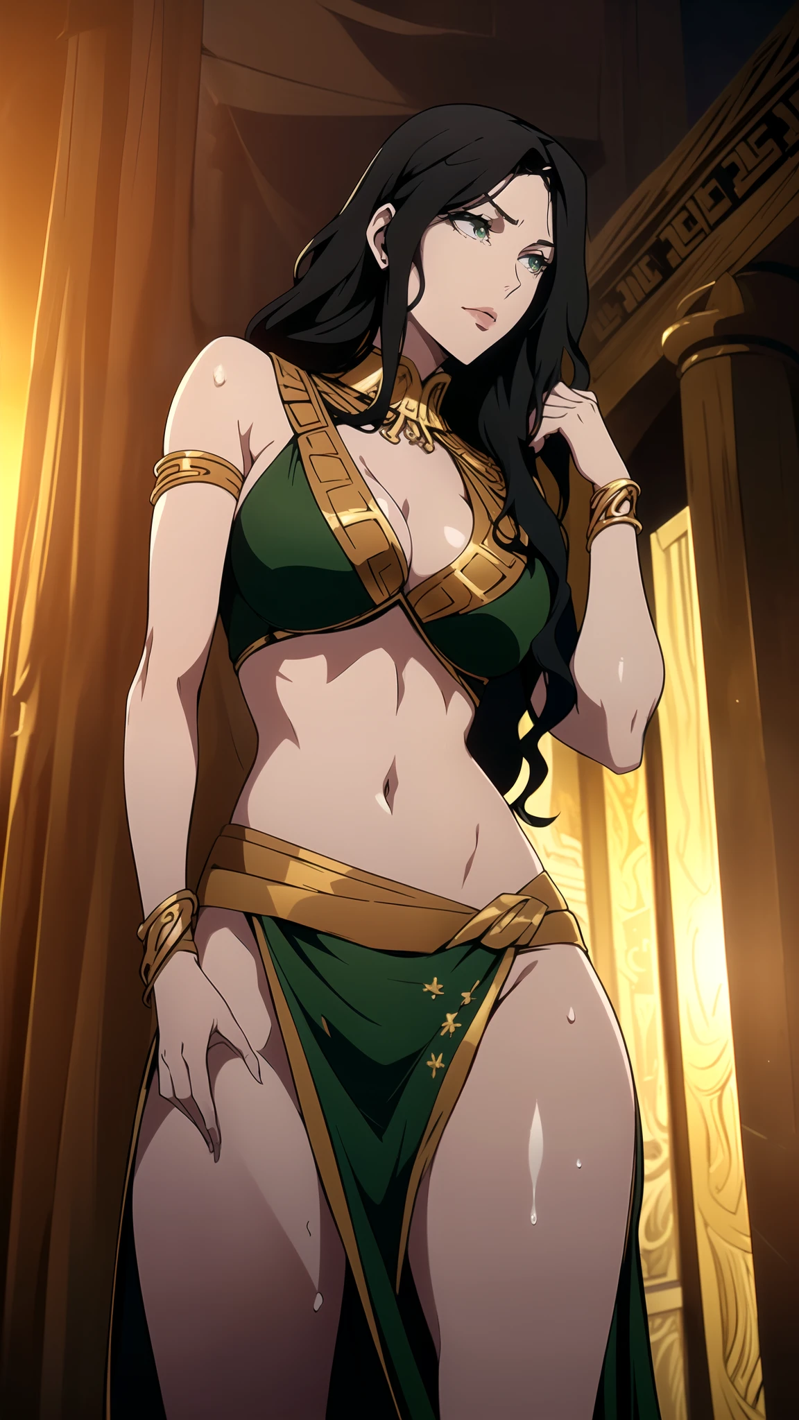 (One Person), (Masterpiece, Best Quality), (A Gorgeous 25 Years Old Female Greek Maiden), (Wavy Long Black Hair:1.6), (Athletic Body Builds), (Pale Skin:1.4), (Detailed Shiny and Sweaty Skin:1.4), (Green Eyes:1.4), (Serious Looking), (Busty Chest Size:1.2), (Wearing Green colored Revealing Bikini with Flowing Silk Cloth and Golden Jeweleries:1.4), (Cleavage), (Dynamic Pose:1.4), (Dimly Lit Greek Temple at Night:1.6), Centered, (Waist-up Shot:1.4), From Front Shot, Insane Details, Intricate Face Detail, Intricate Hand Details, Cinematic Shot and Lighting, Realistic and Vibrant Colors, Masterpiece, Sharp Focus, Highly Detailed, Taken with DSLR camera, Depth of Field, Realistic Environment and Scene, Master Composition and Cinematography