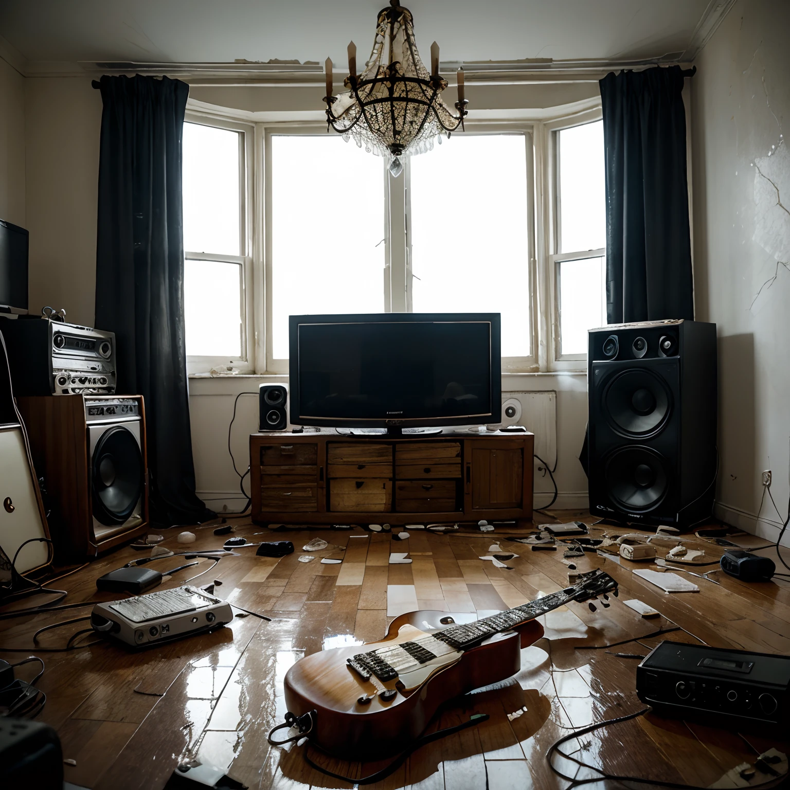 A ruined room, Upside-down furniture, A lot of broken furniture, Synthesizer lying on the floor, The guitar is broken, smithereens, Dark atmosphere, Broken windows, The chandelier is broken, 真实感, Cinematic, The TV is broken, The curtains are up