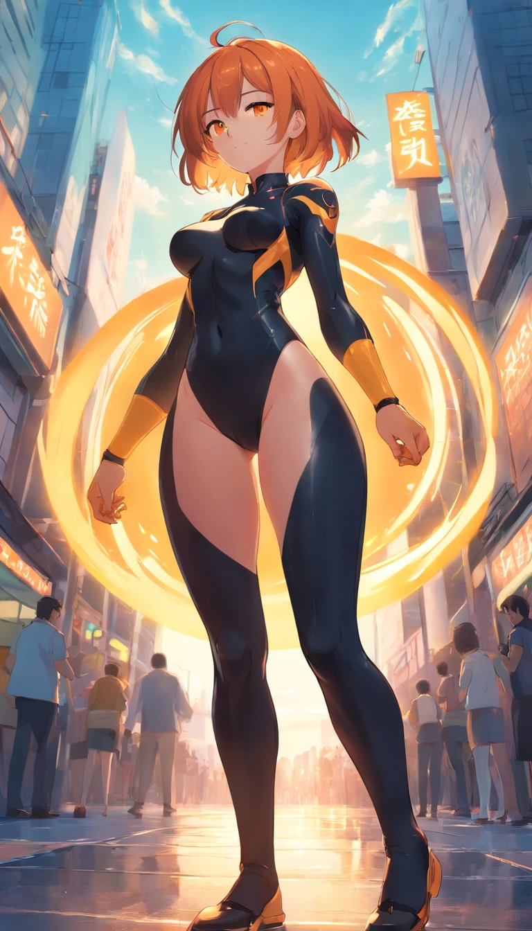 masterpiece、top-quality、1 female、Orange hair、huge tit、Big ass、black rubber suit、yellow eyes、thick thighs、a short bob、wide hips、Thigh muscles、(Spark:0.7)