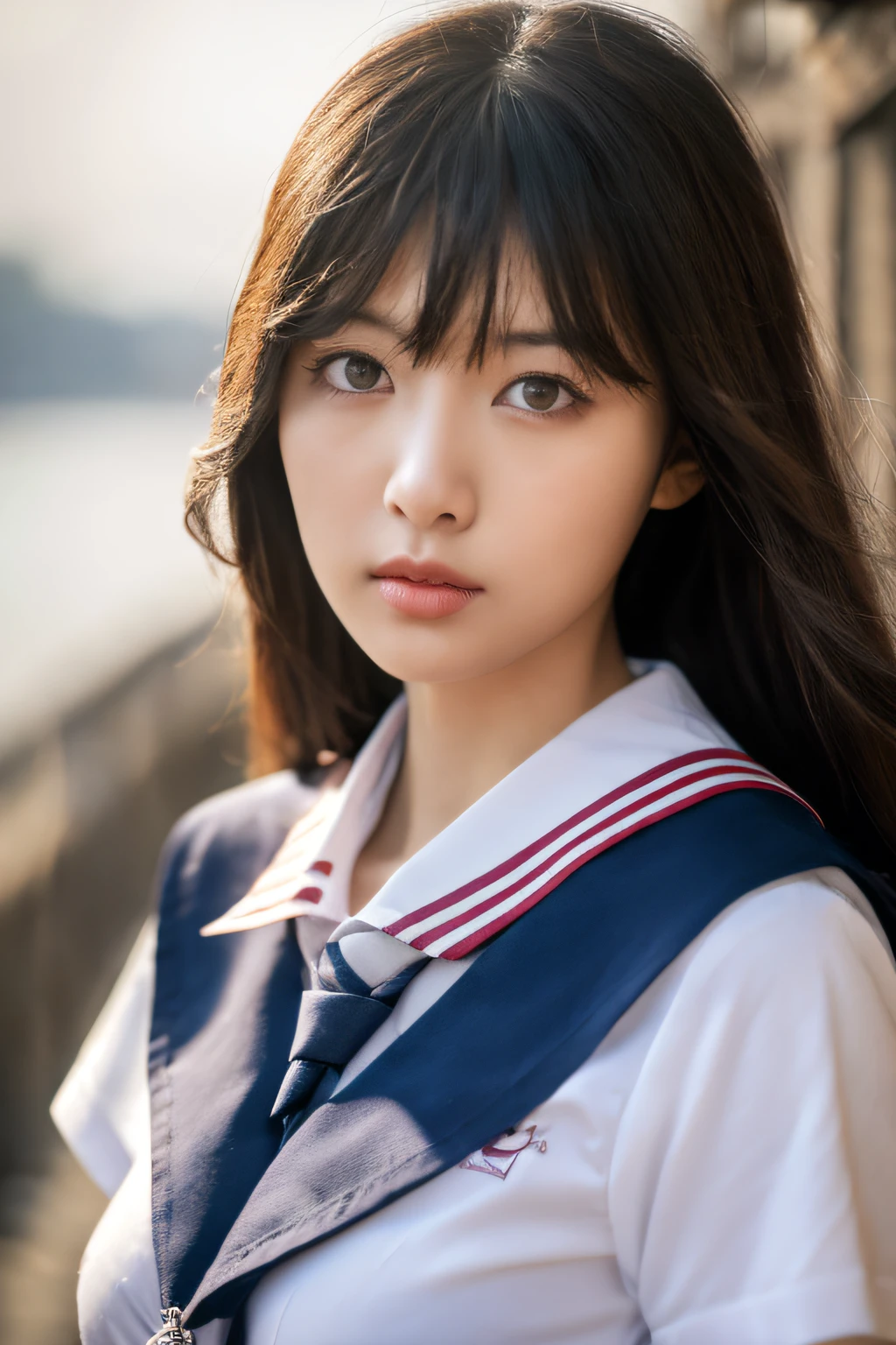 8K raw photo, Best quality, masterpiece, ultra high res, 3d, realistic, 1girl, asian, serious face, black_hair, black_sailor_collar, long_hair, nose, school_uniform, neckerchief, natural skin texture, light brown_eye, detailed eyes and face, lips, lipstick, beautiful legs, enormous breasts, beautiful seaside location, (detailed background), plaid skirt, white shirt, enormous breast, blurry background, short sleeves