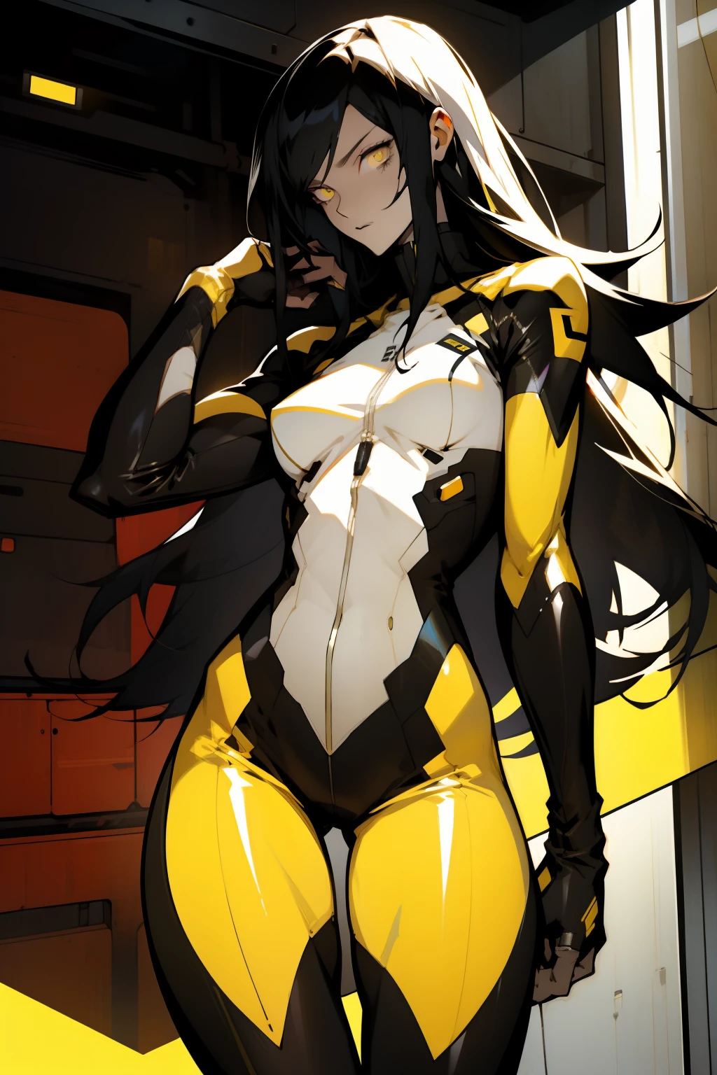 1 girl, black hair, yellow eyes, very long hair, pale skin, fit body, slender body, slim waist, large breasts, (confident expression), pilot suit, thigh gap, bare thighs, sleeveless