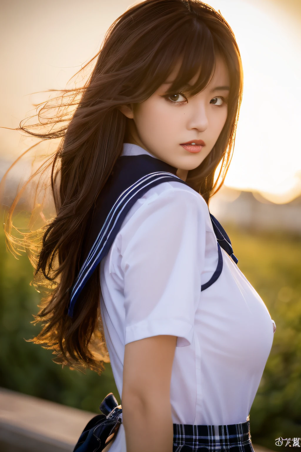 8K raw photo, Best quality, masterpiece, ultra high res, 3d, realistic, 1girl, japanese, serious face, black_hair, black_sailor_collar, long_hair, nose, school_uniform, neckerchief, natural skin texture, light brown_eye, detailed eyes and face, lips, lipstick, beautiful legs, enormous breasts, beautiful seaside location, (detailed background), plaid skirt, white shirt, enormous breast, blurry background, short sleeves