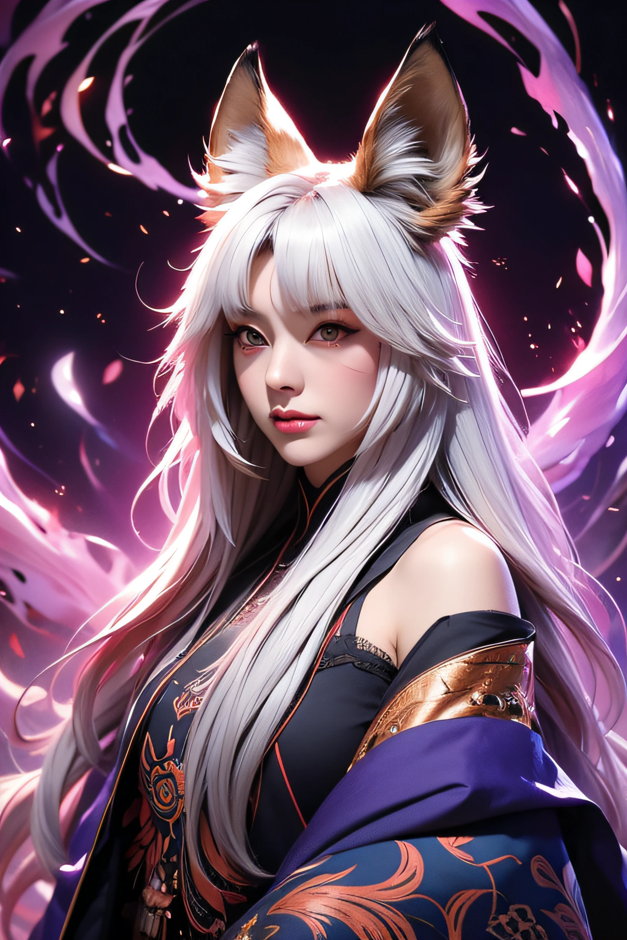 1girl in,Solo,, Official art, Unity 8k壁纸, ultra-detailliert, Beautiful and aesthetic, Beautiful, masutepiece, Best Quality,, Fox Witch, Fox Mask, Haori jacket, Foxfire spells, Fox familiar, transformational,