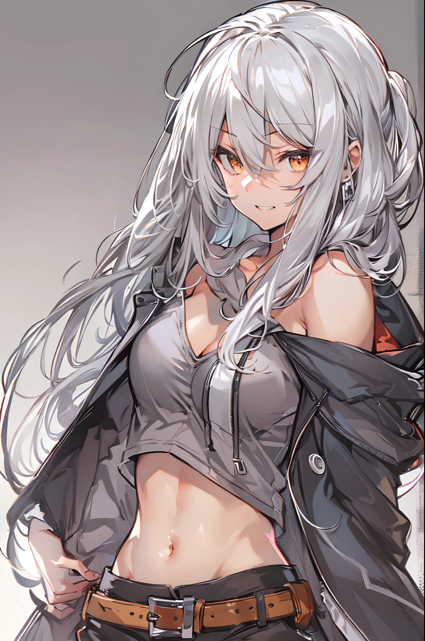 1girl, {solo}, upper body ,{{ {looking at viewer}}}, arm at side, concept art, white background, simple background, white hair, silver gradiient hair , complex cloth, asymmetrical clothes, virtual youtuber, best quality, masterpiece, dynamic angle, guilty gear, guilty gear, guilty gear, cowboy_shot, looking_back, grabbing, girl,woman,female, young,20 years old, very long hair, flipped hair, silver hair, flowing hair, ahoge, smirk, beautiful and delicate golden eyes, teeth, medium_breasts, blonde eyes, white skin, coat, hoodie, black_shorts, grey Clothes, transparent_background, backlighting, absurdres, highres, ultra detailed,