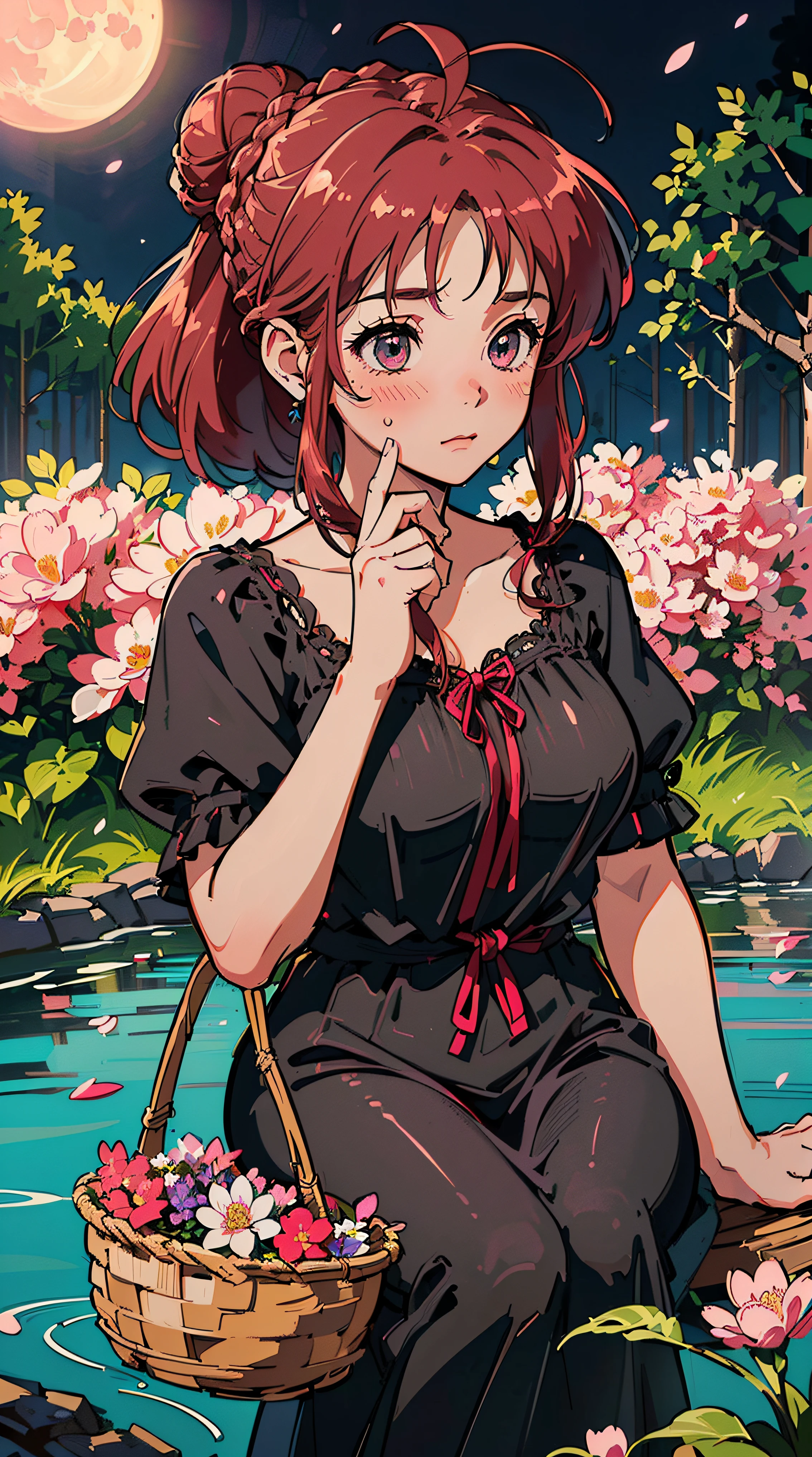 (((((((a large basket of flower,Blushing,winked,cute cheeks,burgundy hair，black nightgown))))))，((1girl,Solo,under-aged,11years old,short,Amazing,Cute Korean mixed-race girl，rosto magro,))(Masterpiece,Best quality, offcial art, Beautiful and aesthetic:1.2),((HD,Golden ratio,)) (16k),((sakura petals)),(Physically-based rendering),((((forest,outdoor,pond scenery, dappled moonlight,at night,)))) (((highdetailskin,)))，((sitting)),((((detailed hairs|long hair|bun braid|knot top|high ponytail|ahoge)))),Slender,thicc,(masterpiece sidelighting),(The sheen),(Beautiful hair,Beautiful eyes,）[[Delicate fingers and hands:0.55]::0.85],(Detail fingers),(((Superior quality,)))),((unbelievable Ridiculous quality,)),((extremely_Detailed_Eyes_and_face)),Movie girl,(Dynamic configuration: 1.2),Brilliant, (Photorealistic), ((pink ribbon on hair)),Ultra-precise depiction, Ultra-detailed depiction,Bauhaus