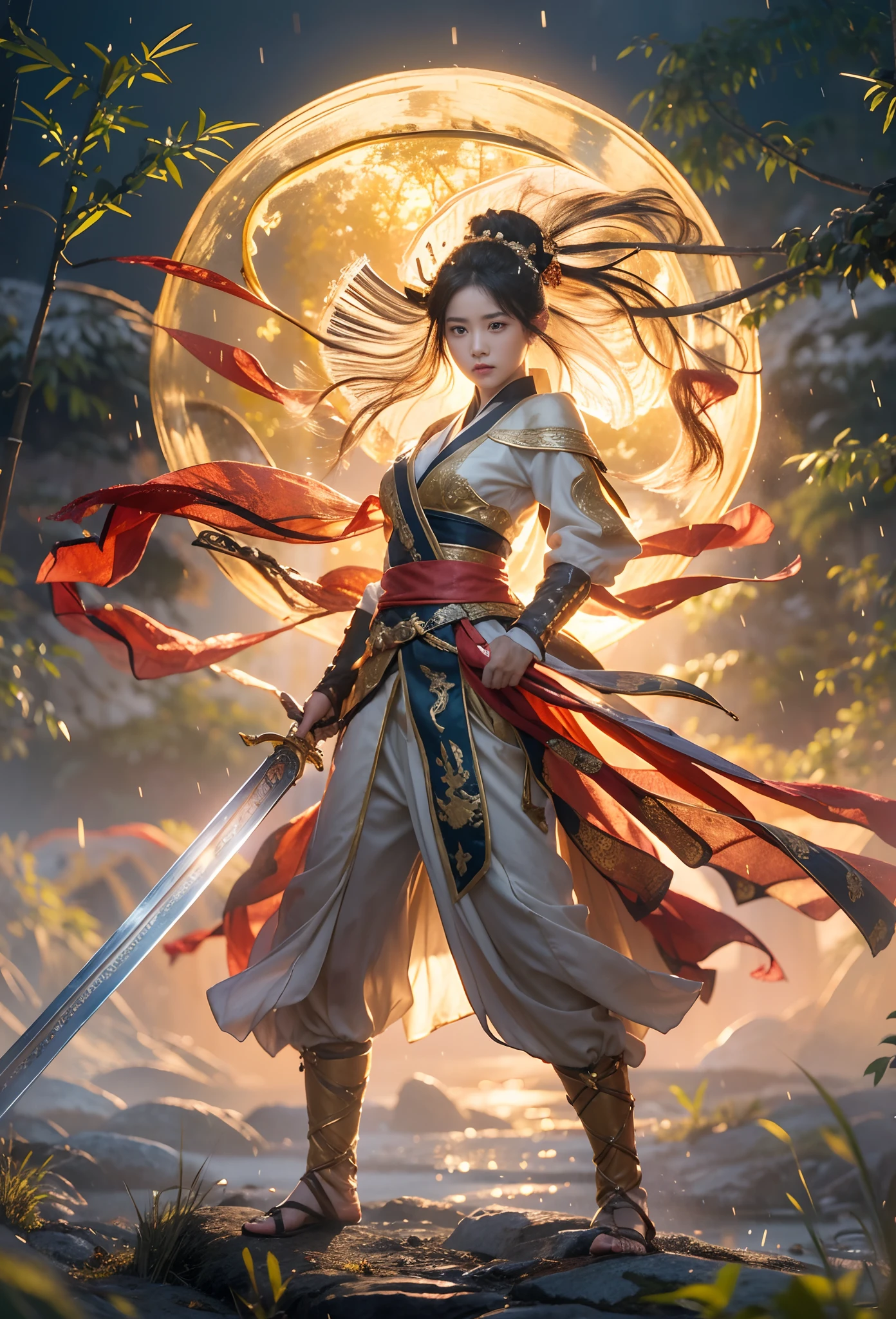 fantasy, Landscape photo of the forest, Chinese martial arts style, The skin is wet and shiny, (A 25-year-old girl samurai wears a black combat uniform，Hold a sword with gold details and glowing, Golden cape), (In a dense bamboo forest，Forest path, Night, thunderstorm, Dark sky, rain: 1.2), China-style, barbara (Genshin Impact:0.5), Elsa (Frozen):0.5, (Intricate details:1.2), Black hair, Wavy hair, lamplight, Sad, Brown eyes, symmetrical features, Detailed hands, Detailed fingers, (Masterpiece:1.2), (Epic composition:1.4), (talent:1.2), Ultra detailed, Highly detailed, insanely details, (Photorealistic:1.2), hdr, 8K, Exquisite, Sharp, elegant, fantasy vivid colors, High quality, battle garment, (full body shot of: 1.8)，(Faraway view: 1.8)，ultra-wide-angle