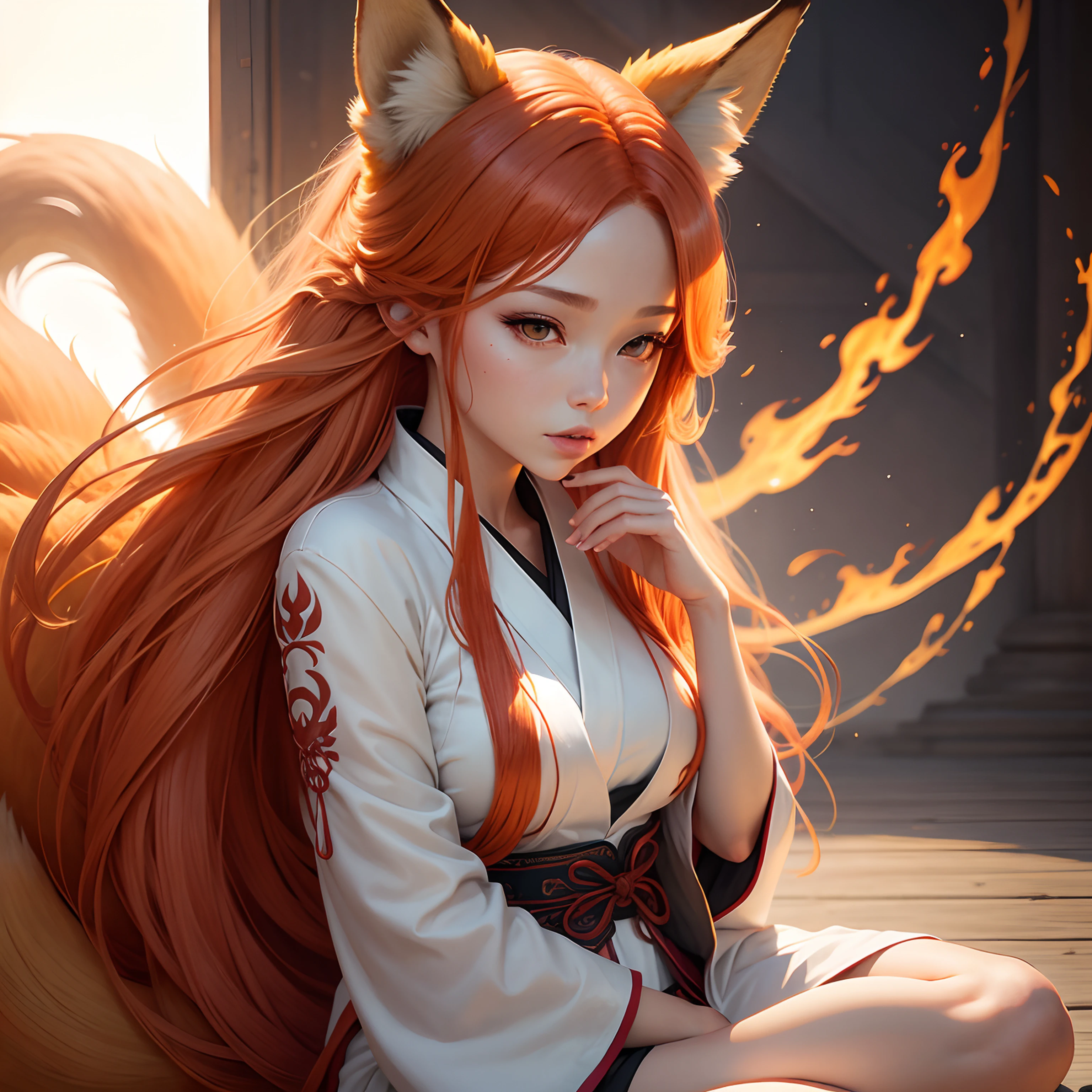 a realistic fox-girl with ginger hair and nine tails, nine tails, nine tails, sinto clothes, inspired by Sugimura Jihei, delicate and fine, (tentacles:fox tails:0.5), white form, inspired by Sōami, jormungand, mystical creatures, realistic