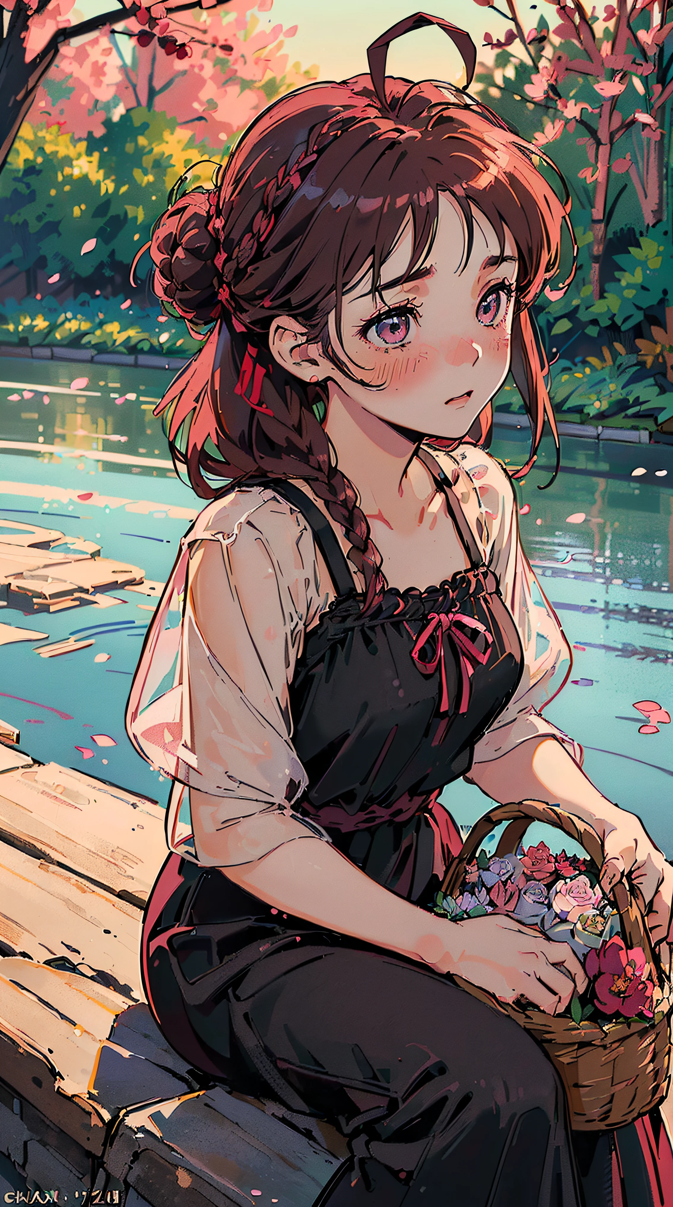 (((((((a large basket of flower,Blushing,winked,cute cheeks,burgundy hair，black nightgown))))))，((1girl,Solo,under-aged,11years old,short,Amazing,Cute Korean mixed-race girl，rosto magro,))(Masterpiece,Best quality, offcial art, Beautiful and aesthetic:1.2),((HD,Golden ratio,)) (16k),((sakura petals)),(Physically-based rendering),((((forest,outdoor,pond scenery, dappled sunlight,at night,)))) (((highdetailskin,)))，((sitting)),((((detailed hairs|middle hair|bun braid|knot top|soaked hair|side ponytail|ahoge)))),Slender,thicc,(masterpiece sidelighting),(The sheen),(Beautiful hair,Beautiful eyes,）[[Delicate fingers and hands:0.55]::0.85],(Detail fingers),(((Superior quality,)))),((unbelievable Ridiculous quality,)),((extremely_Detailed_Eyes_and_face)),Movie girl,(Dynamic configuration: 1.2),Brilliant, (Photorealistic), ((pink ribbon on hair)),Ultra-precise depiction, Ultra-detailed depiction,Bauhaus