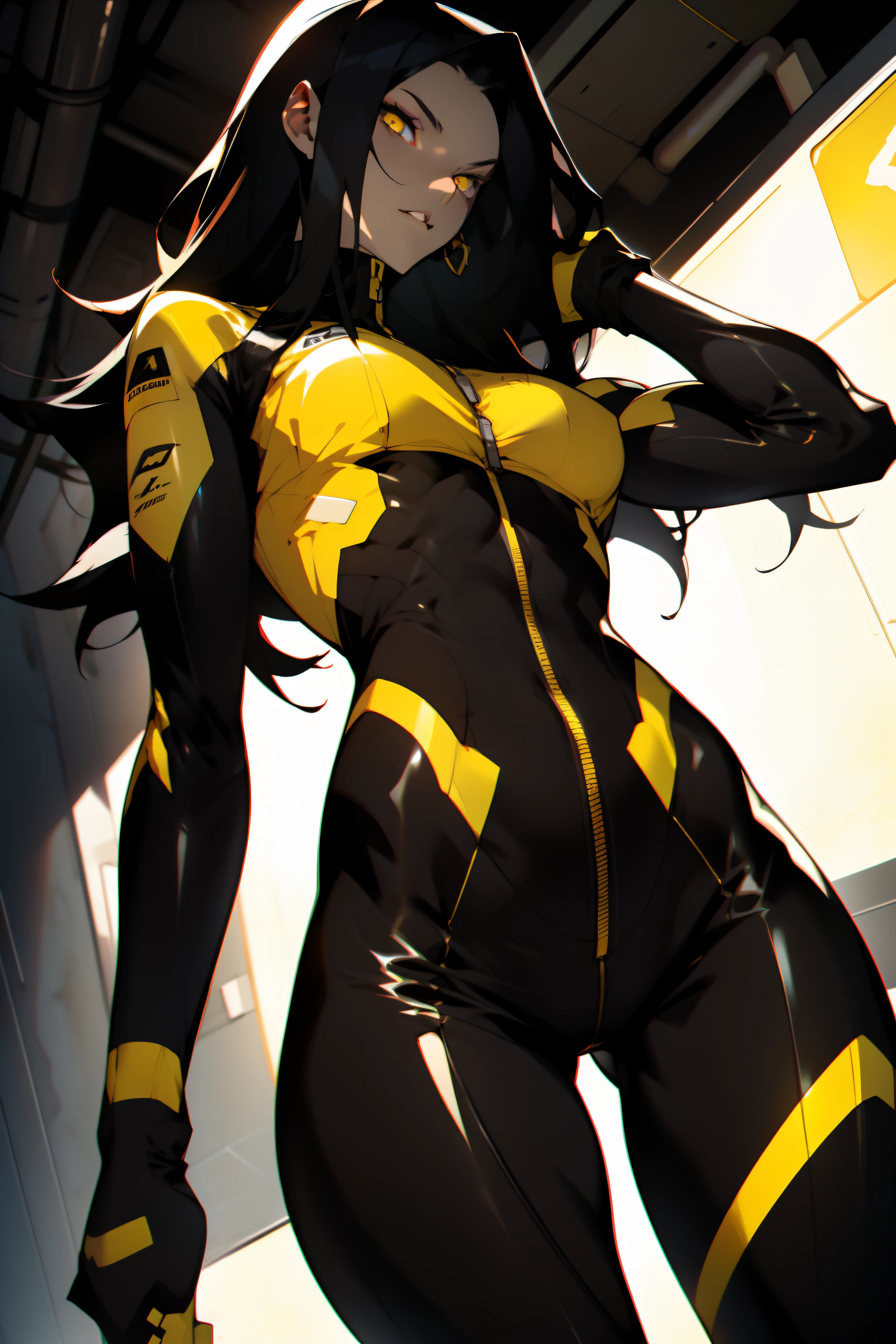 1 girl, black hair, yellow eyes, very long hair, pale skin, fit body, slender body, slim waist, large breasts, (confident expression), pilot suit, thigh gap, bare thighs, sleeveless