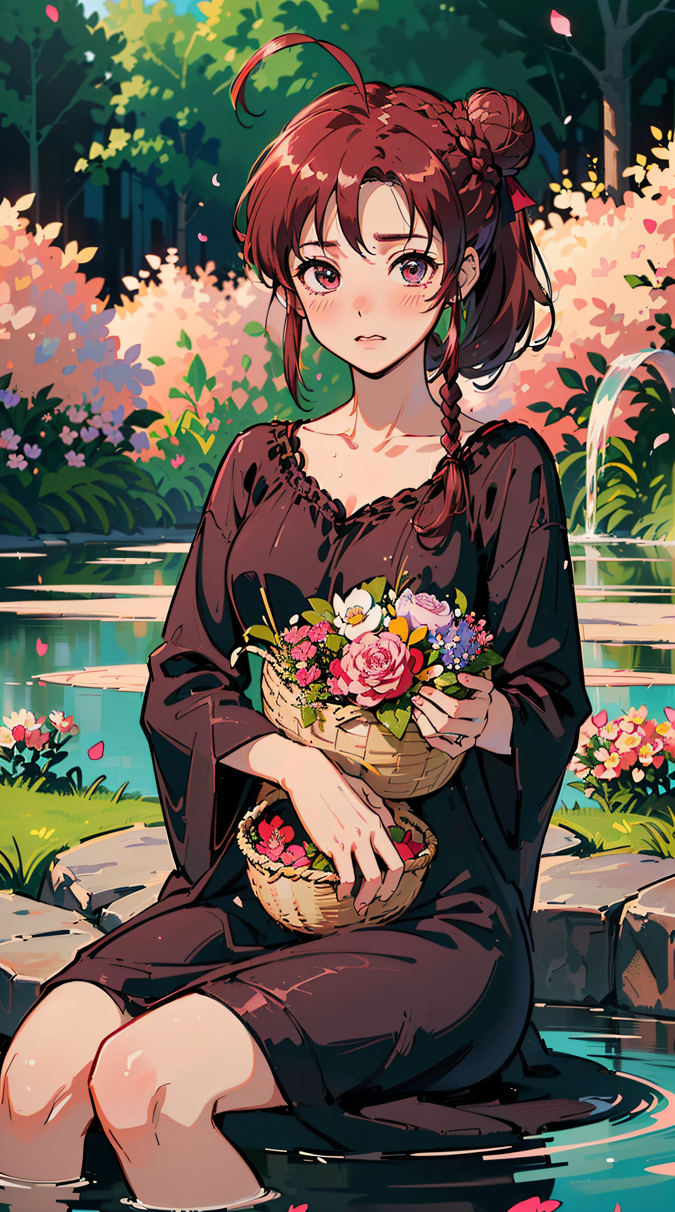 (((((((a large basket of flower,Blushing,winked,cute cheeks,burgundy hair，black nightgown))))))，((1girl,Solo,under-aged, old,short,Amazing,Cute Korean mixed-race girl，rosto magro,))(Masterpiece,Best quality, offcial art, Beautiful and aesthetic:1.2),((HD,Golden ratio,)) (16k),((sakura petals)),(Physically-based rendering),((((forest,outdoor,pond scenery, dappled sunlight,at night,)))) (((highdetailskin,)))，((sitting)),((((detailed hairs|middle hair|bun braid|knot top|soaked hair|side ponytail|ahoge)))),Slender,thicc,(masterpiece sidelighting),(The sheen),(Beautiful hair,Beautiful eyes,）[[Delicate fingers and hands:0.55]::0.85],(Detail fingers),(((Superior quality,)))),((unbelievable Ridiculous quality,)),((extremely_Detailed_Eyes_and_face)),Movie girl,(Dynamic configuration: 1.2),Brilliant, (Photorealistic), ((pink ribbon on hair)),Ultra-precise depiction, Ultra-detailed depiction,Bauhaus