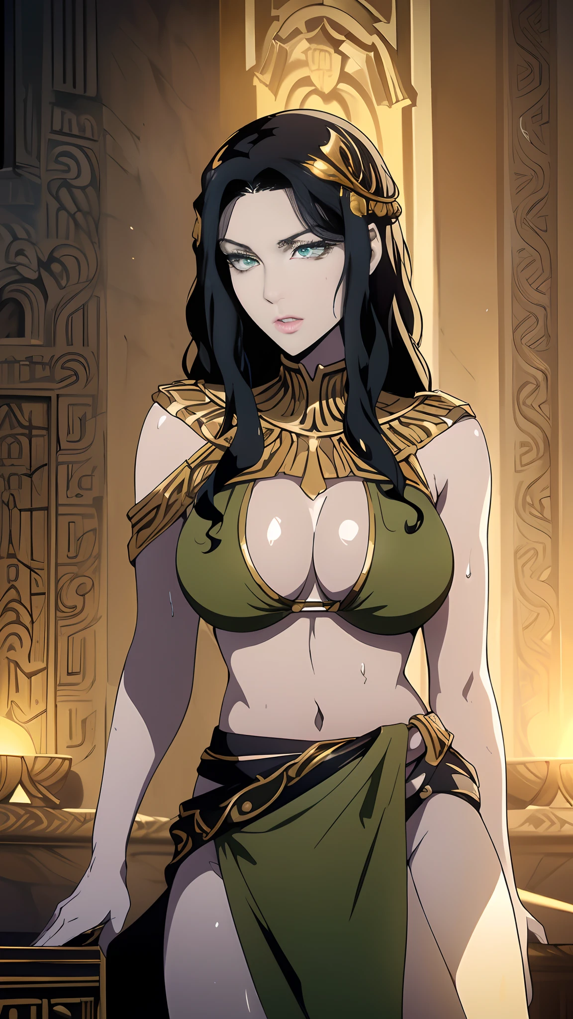 (One Person), (Masterpiece, Best Quality), (A Gorgeous 25 Years Old Female Greek Maiden), (Wavy Long Black Hair:1.6), (Athletic Body Builds), (Pale Skin:1.4), (Detailed Shiny and Sweaty Skin:1.4), (Green Eyes:1.4), (Serious Looking), (Busty Chest Size:1.2), (Wearing Dark Green colored Revealing Bikini with Flowing Silk Cloth and Golden Jeweleries:1.4), (Cleavage), (Dynamic Pose:1.4), (Dimly Lit Greek Temple at Night:1.6), Centered, (Waist-up Shot:1.4), From Front Shot, Insane Details, Intricate Face Detail, Intricate Hand Details, Cinematic Shot and Lighting, Realistic and Vibrant Colors, Masterpiece, Sharp Focus, Highly Detailed, Taken with DSLR camera, Depth of Field, Realistic Environment and Scene, Master Composition and Cinematography