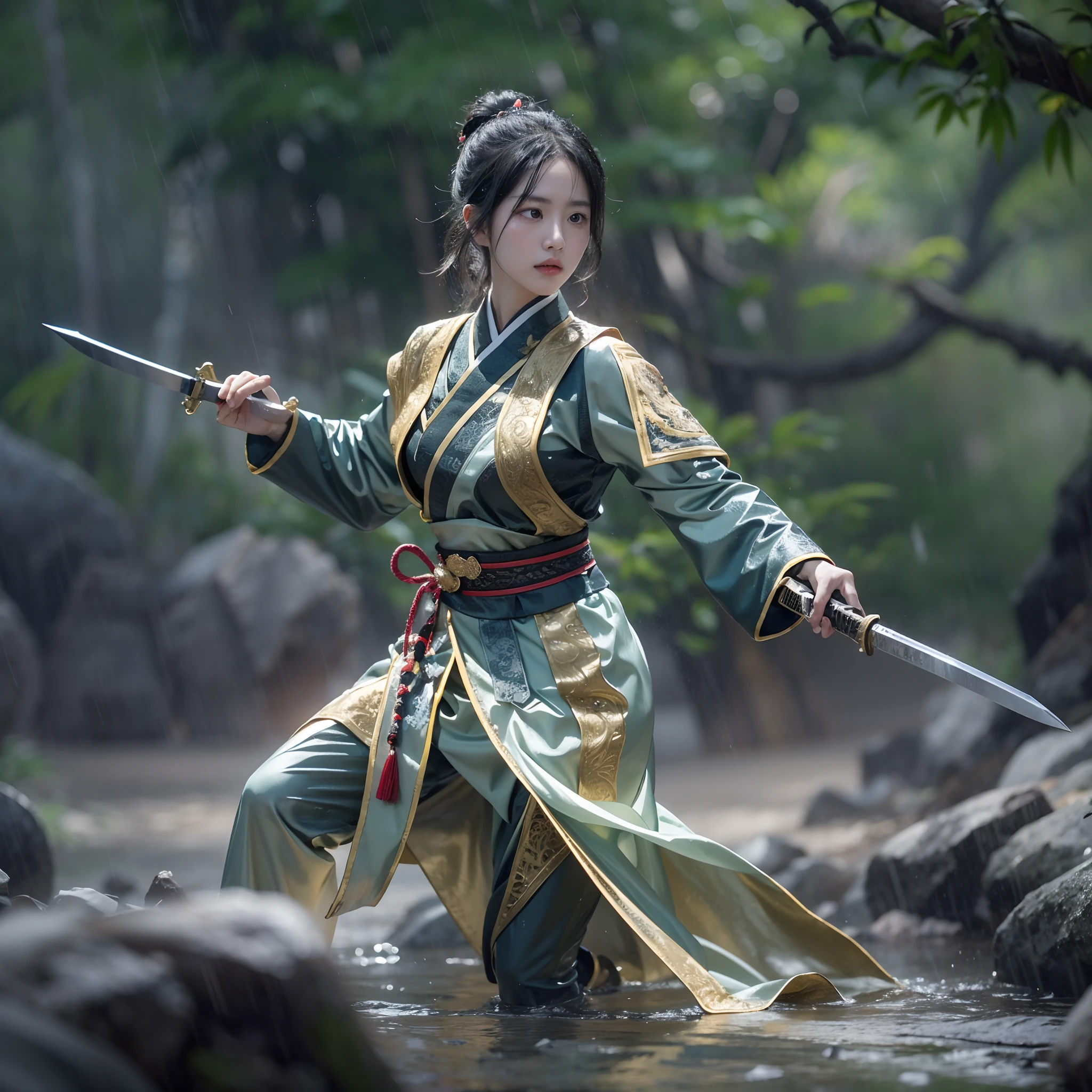 fantasy, Landscape photo of the forest, Chinese martial arts style, The skin is wet and shiny, (A 25-year-old girl samurai wears a black combat uniform，Hold a sword with gold details and glowing, Golden cape), (In a dense bamboo forest，Forest path, Night, thunderstorm, Dark sky, rain: 1.2), China-style, barbara (Genshin Impact:0.5), Elsa (Frozen):0.5, (Intricate details:1.2), Black hair, Wavy hair, lamplight, Sad, Brown eyes, symmetrical features, Detailed hands, Detailed fingers, (Masterpiece:1.2), (Epic composition:1.4), (talent:1.2), Ultra detailed, Highly detailed, insanely details, (Photorealistic:1.2), hdr, 8K, Exquisite, Sharp, elegant, fantasy vivid colors, High quality, battle garment, (full body shot of: 1.8)，(Faraway view: 1.8)，ultra-wide-angle