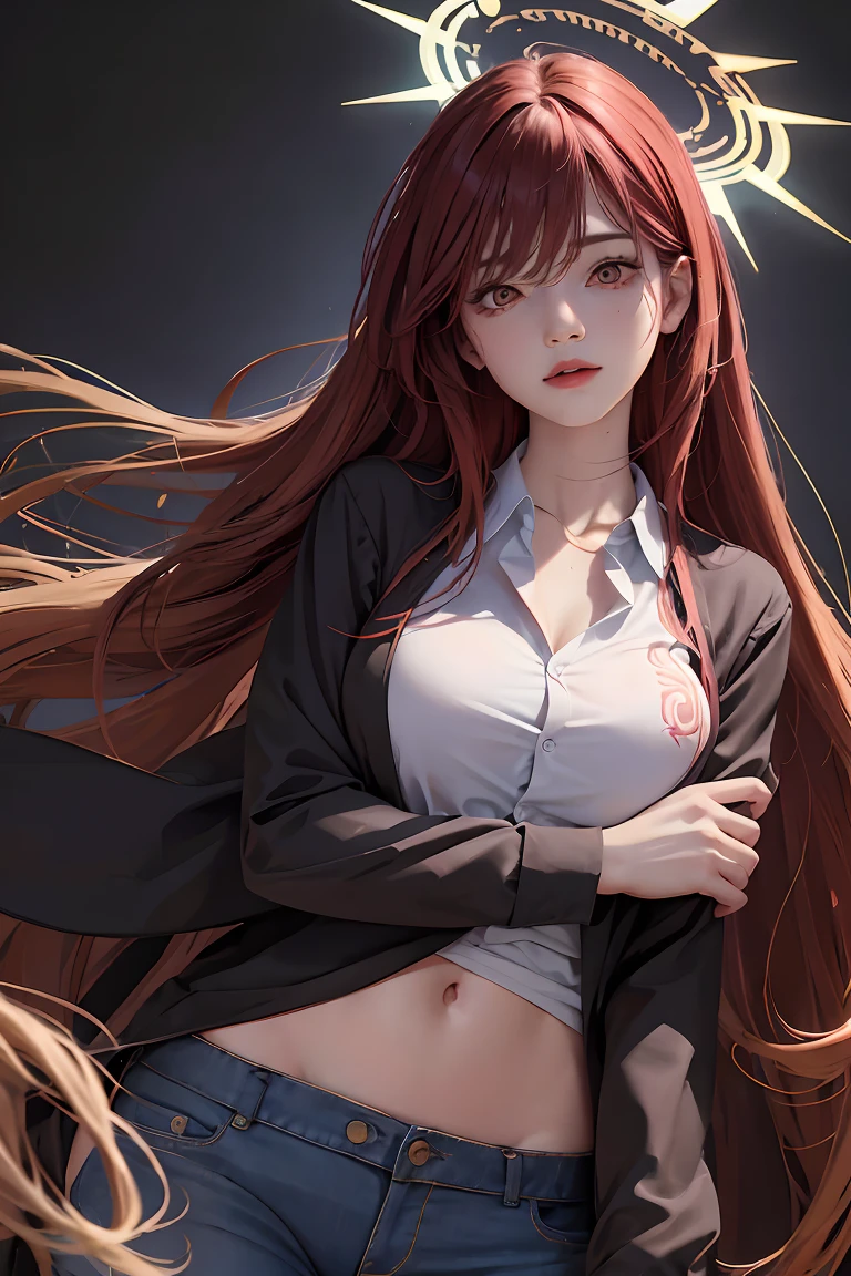 Makima, Control Demon is a woman with long reddish-brown hair, Camisa manga larga, corbata negra, pantalones negros tocando su cara con sangre, Riendo, es un personaje ficticio, perteneciente al anime Chainsaw Man. cuerpo completo, ambiente de terror oscuro, rojo, bien detallado, Horror cosmic,Ambiente nocturno, Horror cosmic,, sentado bajo la lluvia, Full Wardrobe Good Lighting, High resolution ultra detailed,