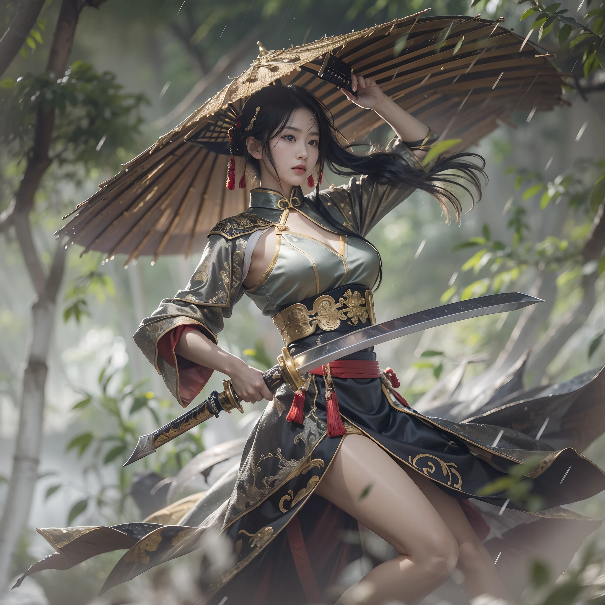 fantasy, Landscape photo of the forest, Chinese martial arts style, The skin is wet and shiny, (A 25-year-old girl samurai wears a black combat uniform，Hold a sword with gold details and glowing, Golden cape), (In a dense bamboo forest，Forest path, Night, thunderstorm, Dark sky, rain: 1.2), China-style, barbara (Genshin Impact:0.5), Elsa (Frozen):0.5, (Intricate details:1.2), Black hair, Wavy hair, lamplight, Sad, Brown eyes, symmetrical features, Detailed hands, Detailed fingers, (Masterpiece:1.2), (Epic composition:1.4), (talent:1.2), Ultra detailed, Highly detailed, insanely details, (Photorealistic:1.2), hdr, 8K, Exquisite, Sharp, elegant, fantasy vivid colors, High quality, battle garment, (full body shot of: 1.8)，(Faraway view: 1.8)，ultra-wide-angle