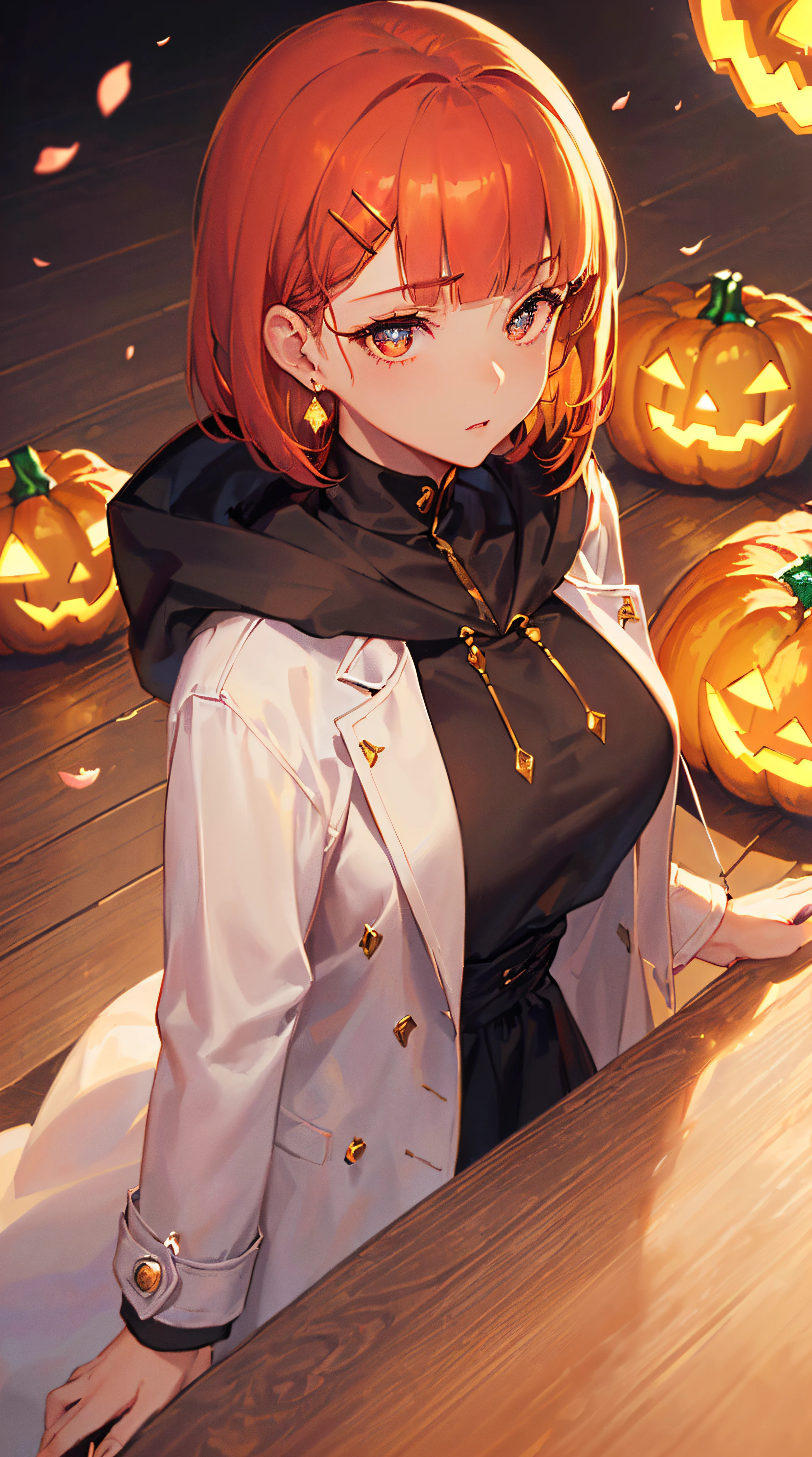 ((((holloween theme,meticulous portrayal of face，1 noblewoman，a matural female，))))(white dress long coat，)(dark night background+,perfect background)，Prom，Court etiquette，  s the perfect face， Perfect lips， perfect  eyes,)(((theater gothic style,red hair,baggy coat,large hoodie,)))，((1lady,adorable korean mixed race of Saudi Arabia girl，rosto magro，Solo,))(Masterpiece,Best quality, offcial art, Beautiful and aesthetic:1.2),((超高分辨率,Golden ratio,)) (16k),((((opera mask,))))((melon face，from above，1JK,pumpkin,pumpkin light)),(Physically-based rendering),Amazing,Sharp focus, (((highdetailskin,))),Intricately detailed clothing，red pupils,Hexagram pupils,intricate pupils,((((detailed hair|short hair|long bangs|blunt bangs)))),((Slender,))(masterpiece sidelighting),(The sheen),(beautiful hair,beautiful eyes,）[[Delicate fingers and hands:0.55]::0.85],(Detail fingers),(((Superior quality)))),((unbelievable Ridiculous,)),((extremely_Detailed_Eyes_and_face)),Movie girl,(Dynamic configuration: 1.2),Brilliant,Beautiful woman, (Photorealistic),( maple,), mitts, triangle crystal earrings, ((hairclip)), Light particles, view the sky,  petals, Side Rock,, two-sided fabric