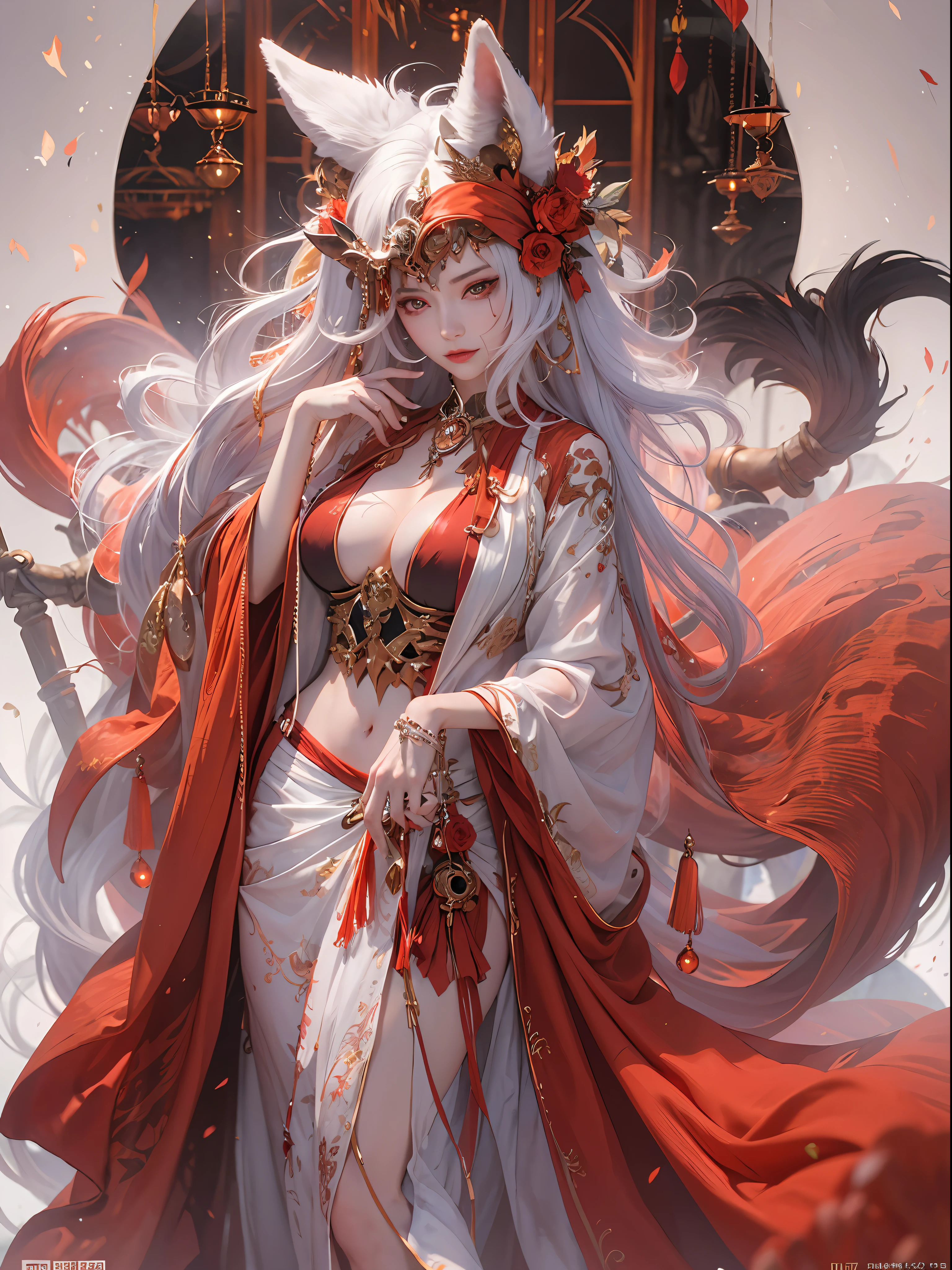 ((masterpiece)), ((best quality)), 8k, high detailed, ultra-detailed, A captivating fox demon, with alluring beauty and a seductive aura. She has striking red eyes that pierce through the darkness. Her red fox tail and fox ears add to her enchanting appearance. She is dressed in a flowing, semi-transparent silk robe in red, accentuating her sensual allure. The scene takes place in a cave, filled with smoke that adds an air of mystery and seduction. The fox demon strikes a provocative pose, showcasing her perfect physique in the full-body shot. She is adorned with various accessories, including a skull pendant, which adds a touch of mystery and danger to her allure.