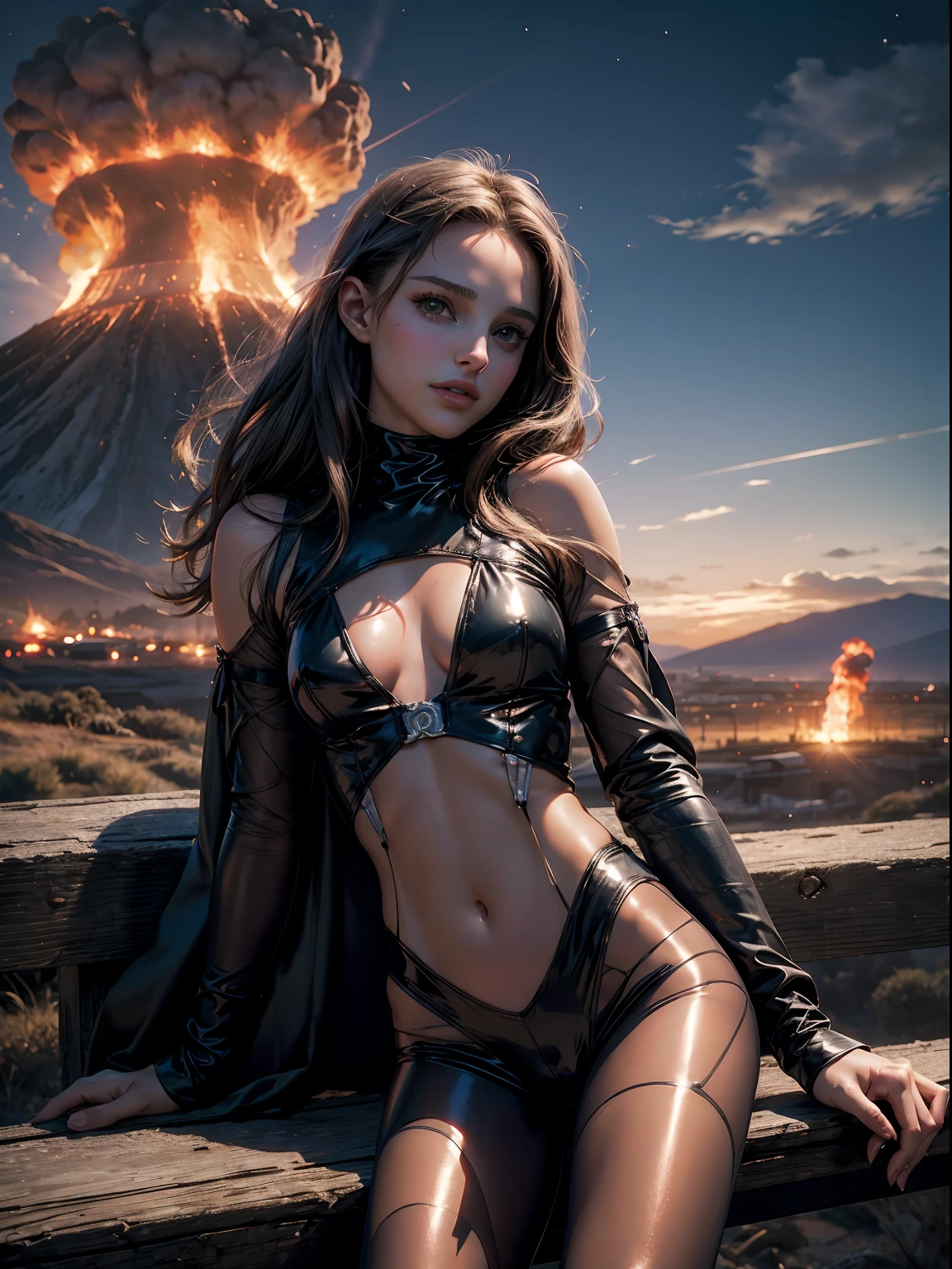night. Teen natalie portman as a demoness girl, wearing transparent bodysuit. sitting on a fence. translucent, crop top. background fire volcano. cloudy sky. --s 1000