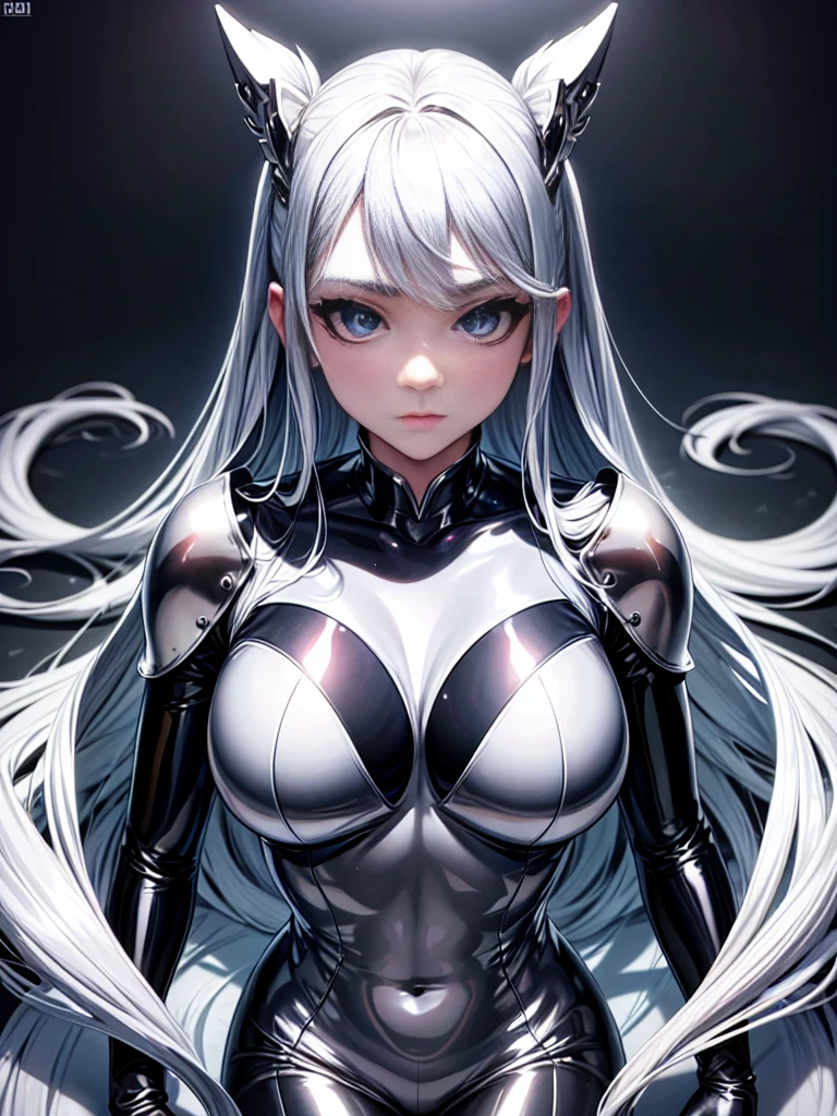 8K UHD、Silver Shiny Silver Full Body Rider Suit、Silver hair、Nostalgic beauty、Silver latex slider suit with hidden skin luster、１a person、Beautuful Women、Big eyes、