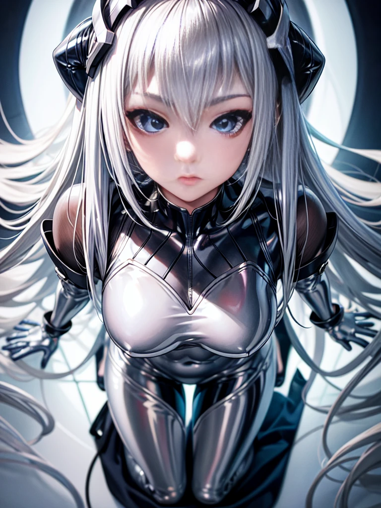 8K UHD、Silver Shiny Silver Full Body Rider Suit、Silver hair、Nostalgic beauty、Silver latex slider suit with hidden skin luster、1a person、Beautuful Women、Big eyes、