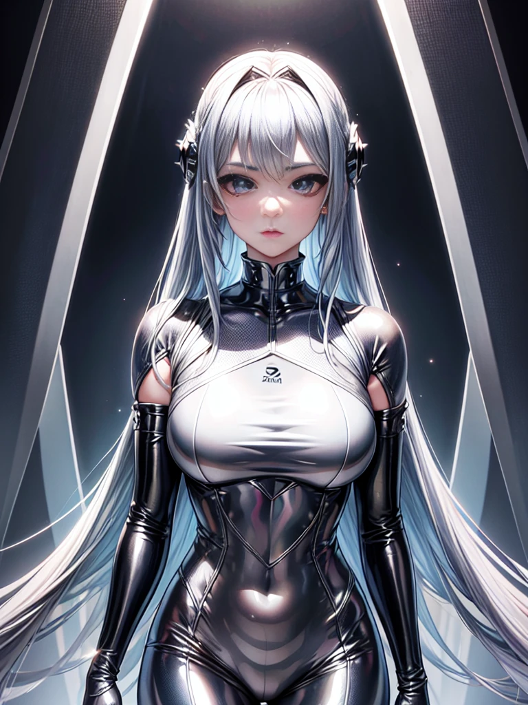 8K UHD、Silver Shiny Silver Full Body Rider Suit、Silver hair、Nostalgic beauty、Silver latex slider suit with hidden skin luster、1a person、Beautuful Women、Big eyes、