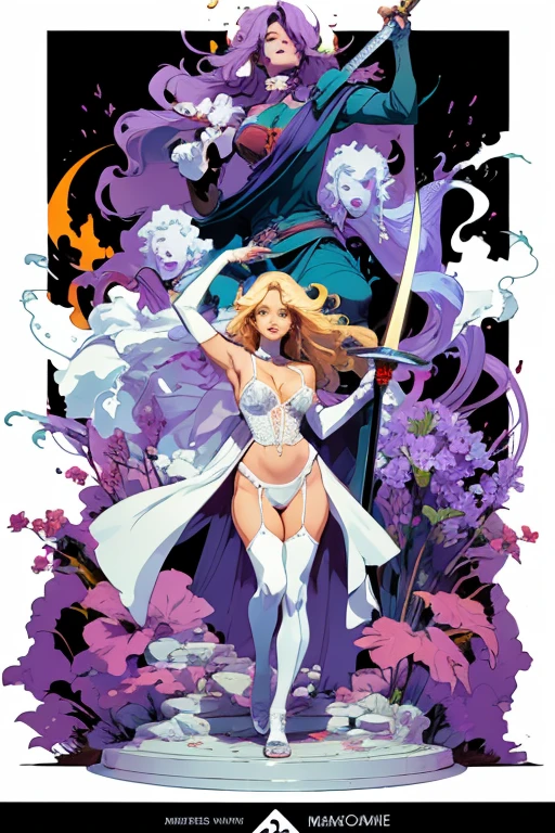 lady justice, folded, sword, made from marble, pro vector, anime style, fantasy, full design, 6 colors only, solid colors, no shadows, full design, sticker, bright colors, white background, in the style of Masamune Shirow, black, red and purple, victorian, lingerie.