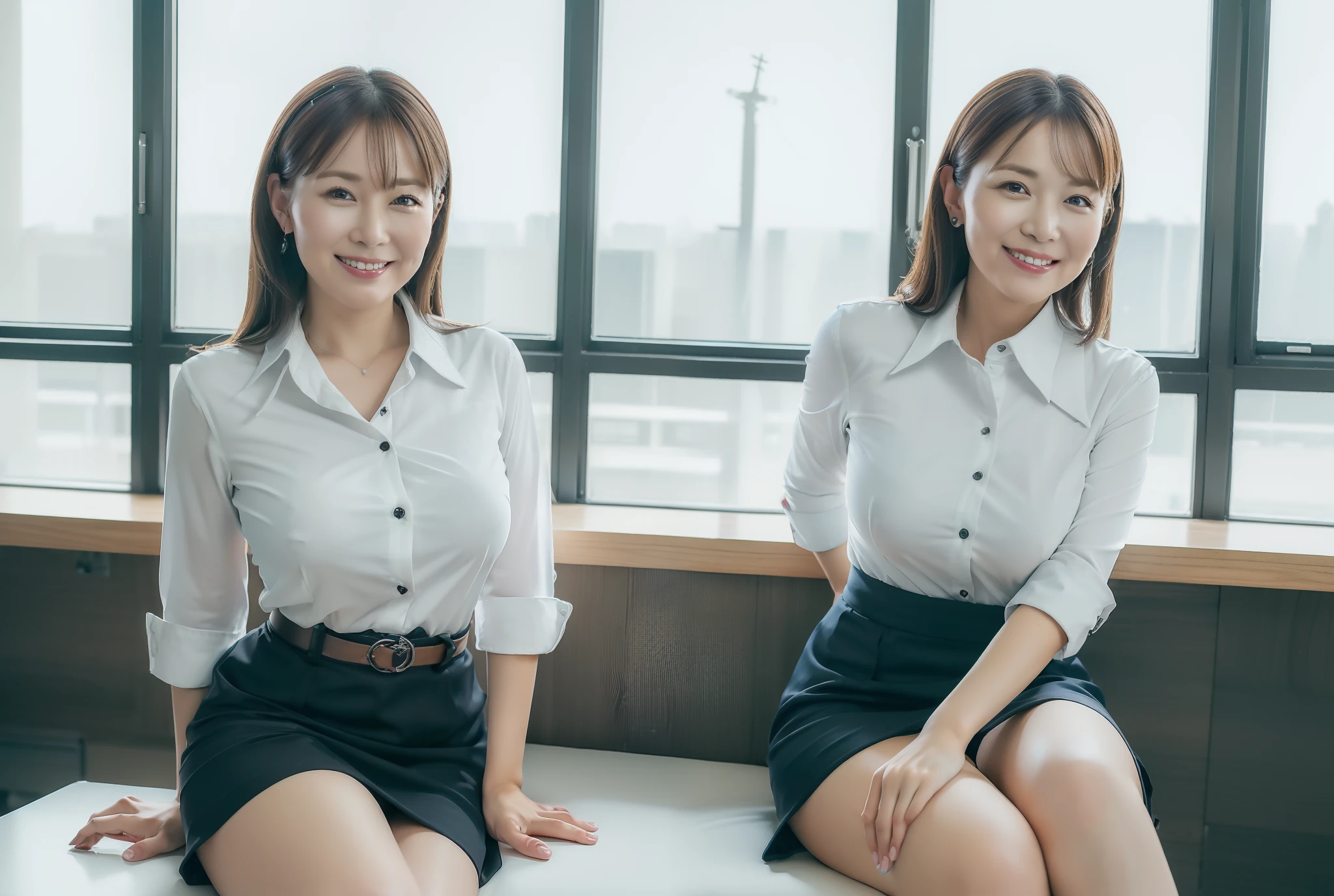 ((Best Quality, 8k, Masterpiece, Portrait:1.3)), (looking at the viewer), (full shot:1), attractive business 3 milfs, 3 people, white collared shirt, grey skirt, black stocking, (big pelvis:0.5), (sitting with cross legs on office desks)), smile:0.2, office of CEO,