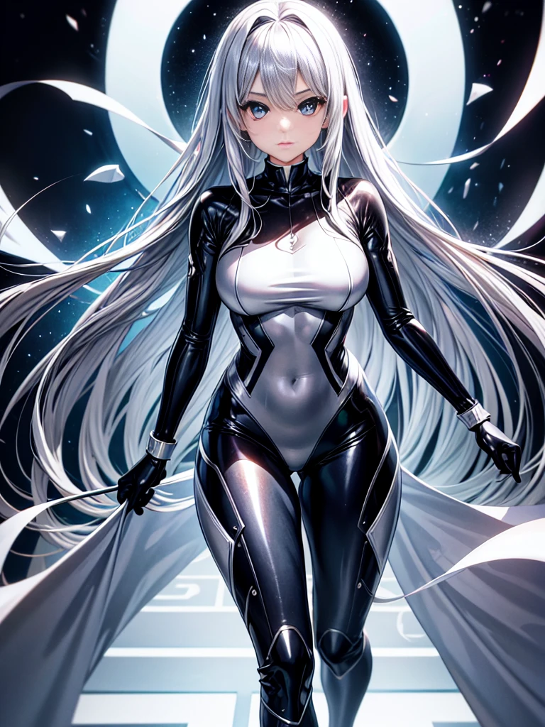 Mature Girl with long white hair with silver highlight, dark onyx eyes,tall rectangular body figure,