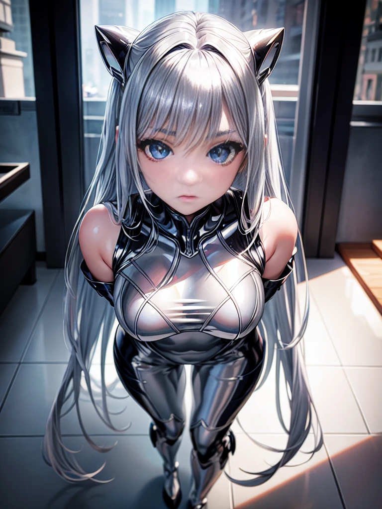 8K UHD、Silver Shiny Silver Full Body Rider Suit、Silver hair、Nostalgic beauty、Silver latex slider suit with hidden skin luster、1a person、Beautuful Women、Big eyes、