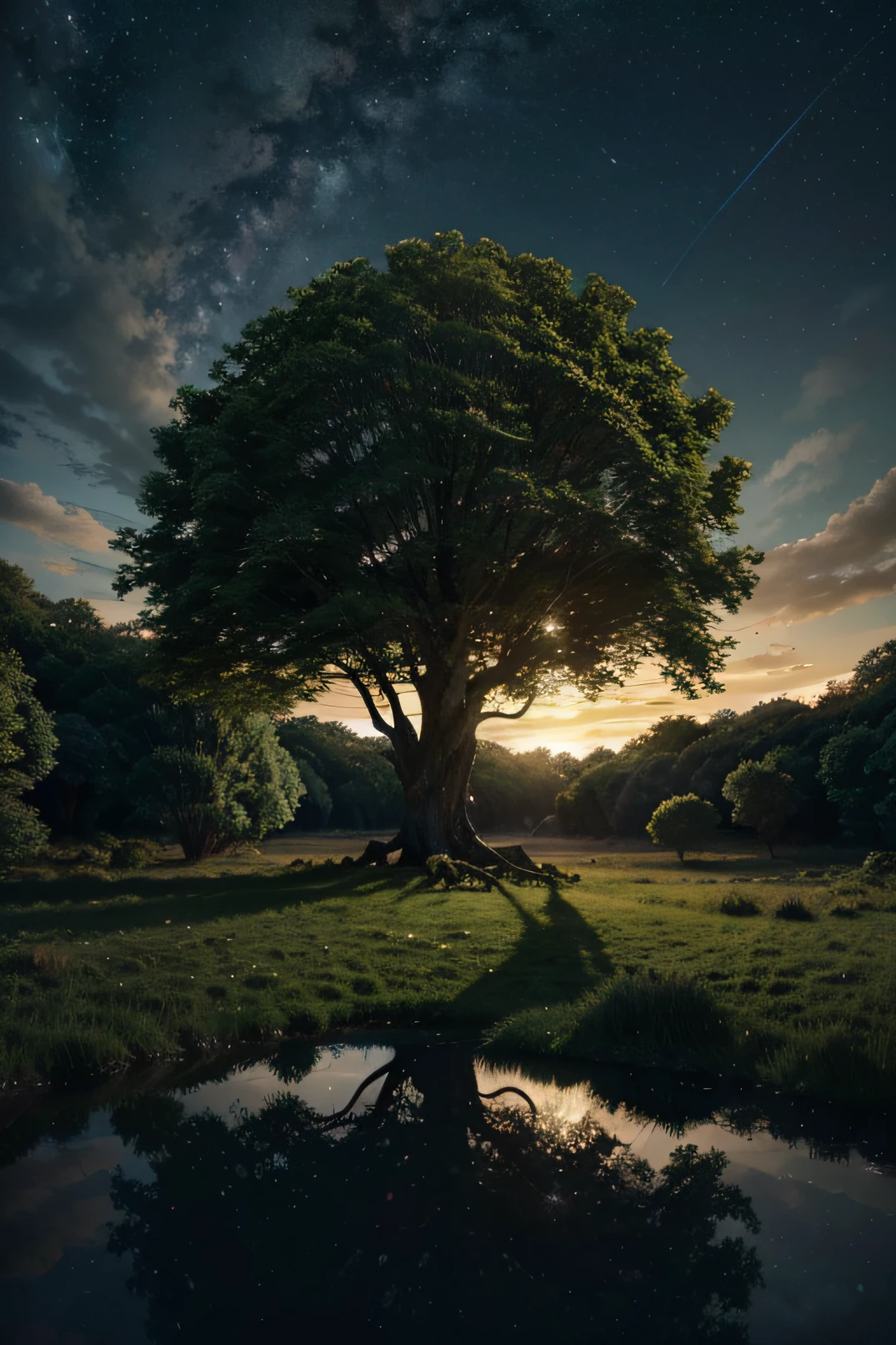 Illustration of a hyperrealistic , otherworldly, ultrasky scene featuring a giant crystal tree full body,very detailed and magical lighting, intricate forest details, vegetation and river around, solarpunk ,landscape, giant tree, beatifull leafy with beautiful lighting and realistic proportions, as if it were a cinematic background, 8k, highest quality, masterpiece, clouds and stars in the sky.