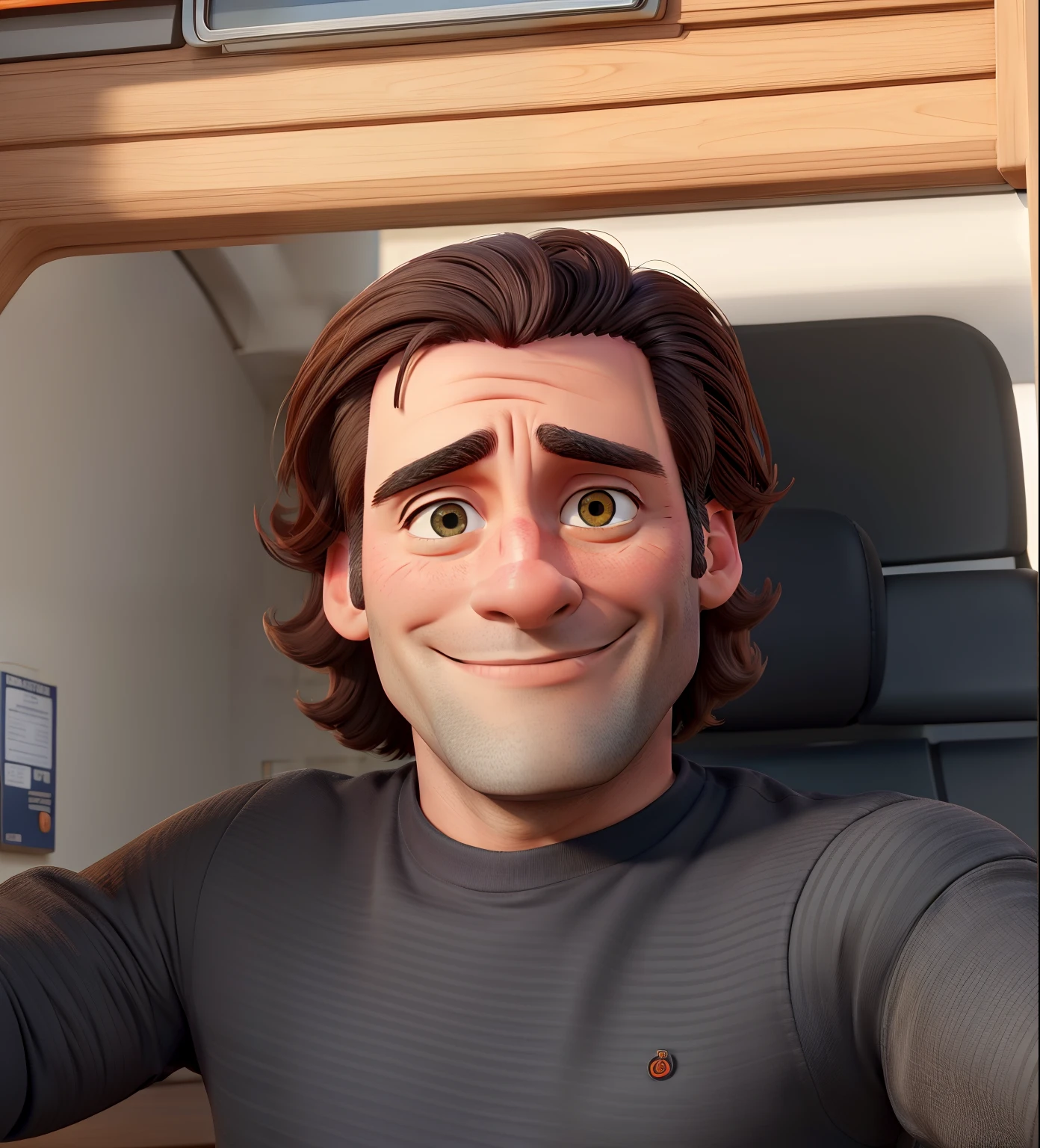 Jon Hamm dressed in an orange shirt and black pants, sorrindo e apontando para o lado com o dedo indicador