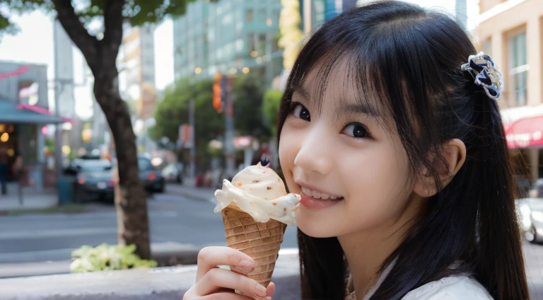 1girl in, (Solo:1.5),masutepiece, Best Quality, 8K, hight resolution, extremely detailed girl, extremely detailed beautiful face, Beautiful skin,Realistic,(Portrait:1.2),Face Focus,(Ideal ratio body proportions:1.4),(Girl with Ice Cream Cone), (Ice cream:1.2), food, Black hair, Long hair, Smile,depth of fields,Outdoors, city, Downtown, Los Angeles, Daytime, Sunny,