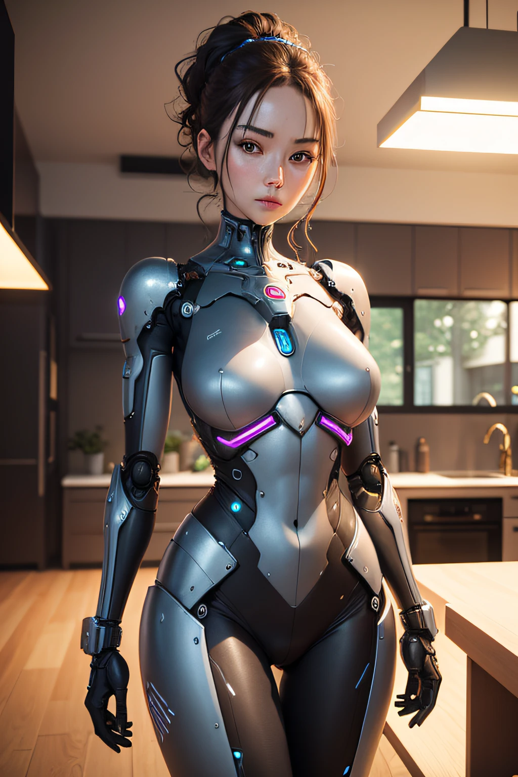 Married Woman Robot　View of the living room from the kitchen　The background is the worktop　Although it looks human、Mechanically, nffsw, retinas, masutepiece, ccurate, Anatomically correct, Textured skin, Super Detail, high details, High quality, Best Quality, hight resolution