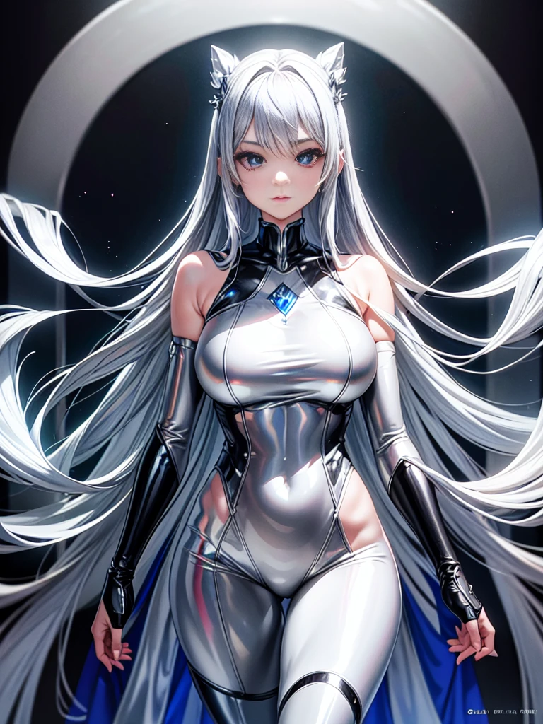 8K UHD、Silver Shiny Silver Full Body Rider Suit、Silver hair、Nostalgic beauty、Silver latex slider suit with hidden skin luster、１a person、Beautuful Women、Big eyes、