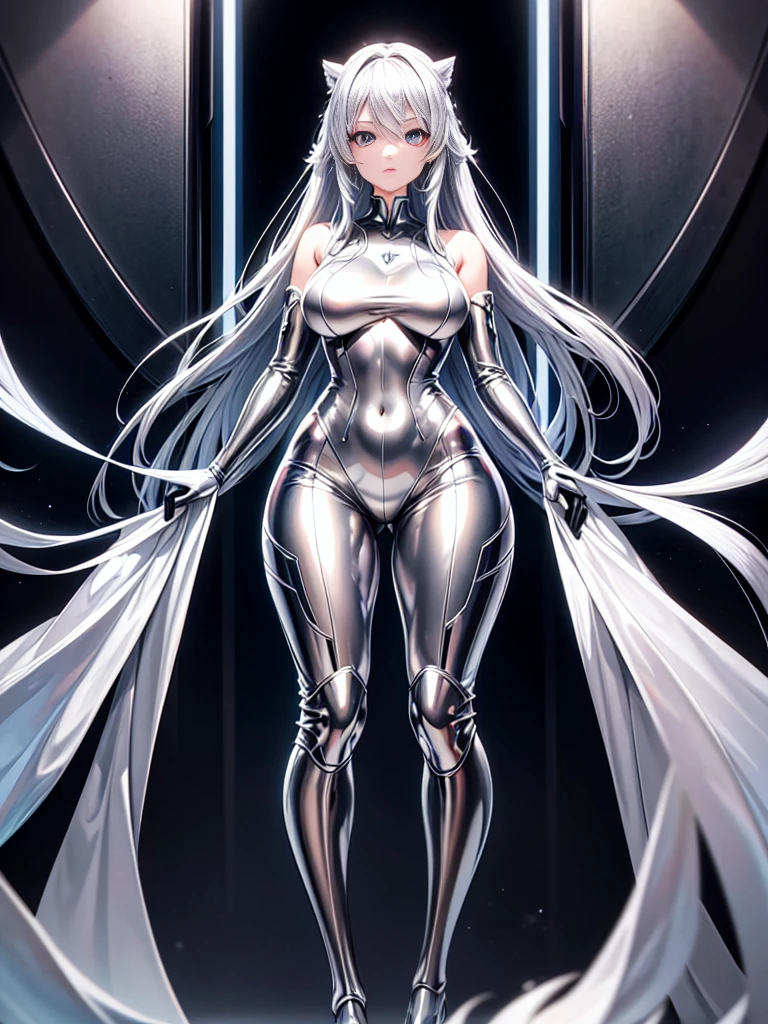 8K UHD、Silver Shiny Silver Full Body Rider Suit、Silver hair、Nostalgic beauty、Silver latex slider suit with hidden skin luster、1a person、Beautuful Women、Big eyes、