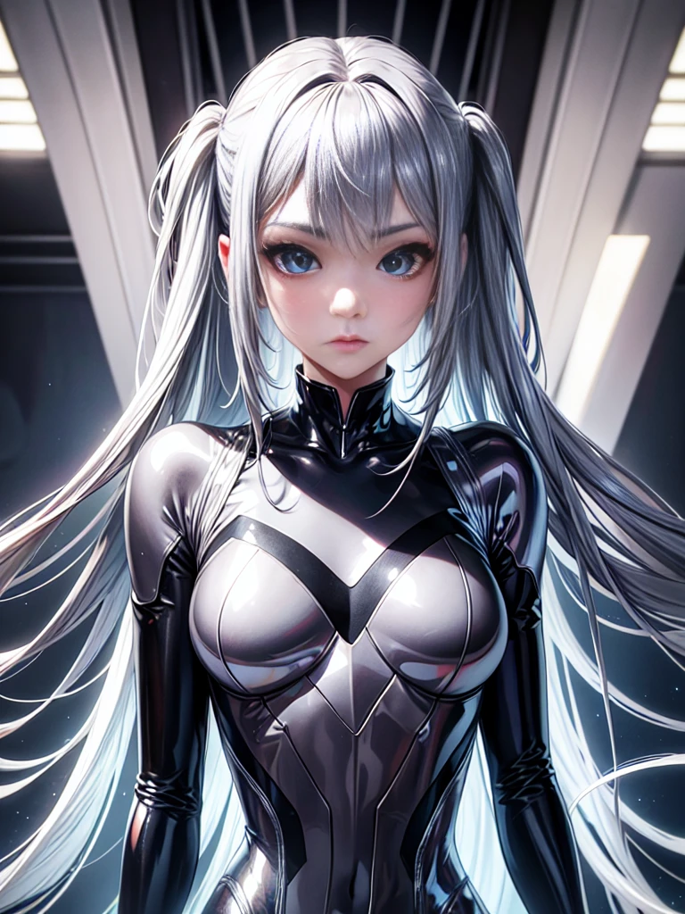 Highest quality 8K UHD、silver metallic bodysuit、silver body tights、Shorthai、Upper Body Up, dusty. Dusty red eyes, silver long hair, straight haircut, straight bangs 