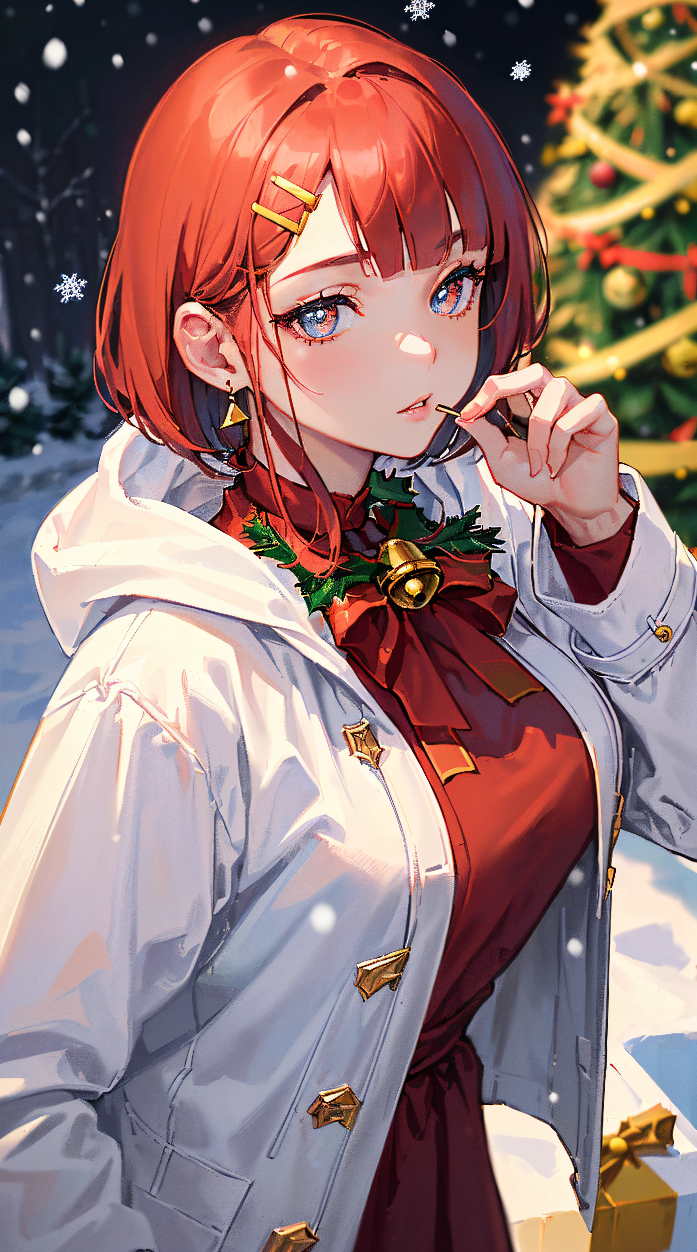 ((((christmas theme,meticulous portrayal of face，1 noblewoman，a matural female，))))(white dress long coat，)(dark night background+,perfect background)，Prom，Court etiquette，  s the perfect face， Perfect lips， perfect  eyes,)(((theater gothic style,red hair,baggy coat,large hoodie,)))，((1lady,adorable korean mixed race of Saudi Arabia girl，rosto magro，Solo,))(Masterpiece,Best quality, offcial art, Beautiful and aesthetic:1.2),((超高分辨率,Golden ratio,)) (16k),((((christmas trees,snowing,))))((melon face，from above，1JK,bells,candy)),(Physically-based rendering),Amazing,Sharp focus, (((highdetailskin,))),Intricately detailed clothing，red pupils,Hexagram pupils,intricate pupils,((((detailed hair|short hair|long bangs|blunt bangs)))),((Slender,))(masterpiece sidelighting),(The sheen),(beautiful hair,beautiful eyes,）[[Delicate fingers and hands:0.55]::0.85],(Detail fingers),(((Superior quality)))),((unbelievable Ridiculous,)),((extremely_Detailed_Eyes_and_face)),Movie girl,(Dynamic configuration: 1.2),Brilliant,Beautiful woman, (Photorealistic),( maple,), mitts, triangle crystal earrings, ((hairclip)), Light particles, view the sky,  petals, Side Rock,, two-sided fabric