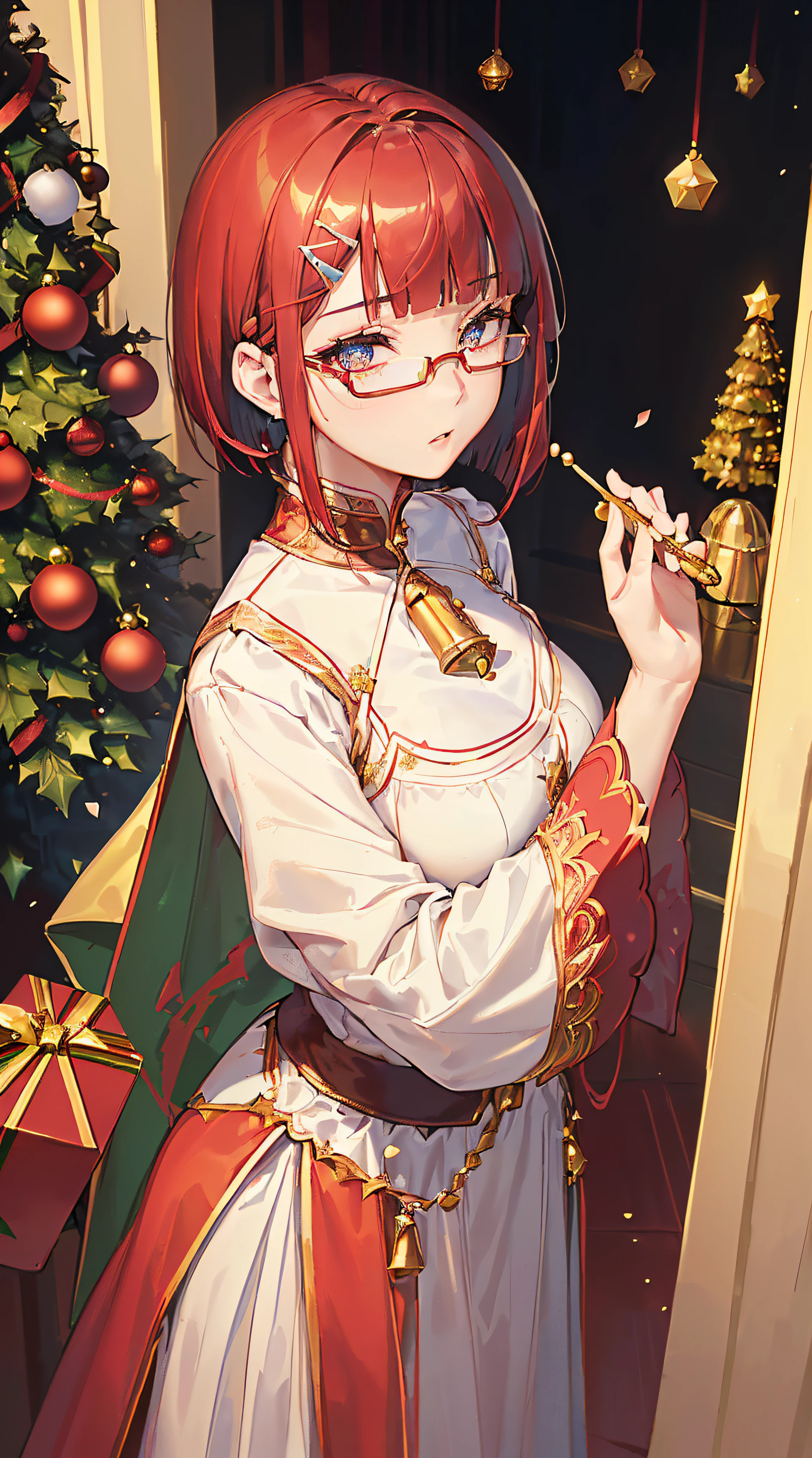 ((((christmas theme,meticulous portrayal of face，1 noblewoman，a matural female，))))(white dress long coat，)(dark night background+,perfect background)，Prom，Court etiquette，  s the perfect face， Perfect lips， perfect  eyes,)(((theater gothic style,red hair,baggy coat,large triangle eyewear,)))，((1lady,adorable korean mixed race of Saudi Arabia girl，rosto magro，Solo,))(Masterpiece,Best quality, offcial art, Beautiful and aesthetic:1.2),((超高分辨率,Golden ratio,)) (16k),((((christmas trees,))))((melon face，from above，1JK,bells,candy)),(Physically-based rendering),Amazing,Sharp focus, (((highdetailskin,))),Intricately detailed clothing，red pupils,Hexagram pupils,intricate pupils,((((detailed hair|short hair|long bangs|blunt bangs)))),((Slender,))(masterpiece sidelighting),(The sheen),(beautiful hair,beautiful eyes,）[[Delicate fingers and hands:0.55]::0.85],(Detail fingers),(((Superior quality)))),((unbelievable Ridiculous,)),((extremely_Detailed_Eyes_and_face)),Movie girl,(Dynamic configuration: 1.2),Brilliant,Beautiful woman, (Photorealistic),( maple,), mitts, triangle crystal earrings, ((hairclip)), Light particles, view the sky,  petals, Side Rock,, two-sided fabric